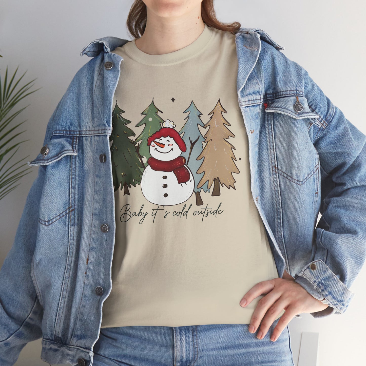 Baby It’s Cold Outside Snowman Christmas Tee – Cozy Winter Aesthetic Holiday Unisex Heavy Cotton T-Shirt