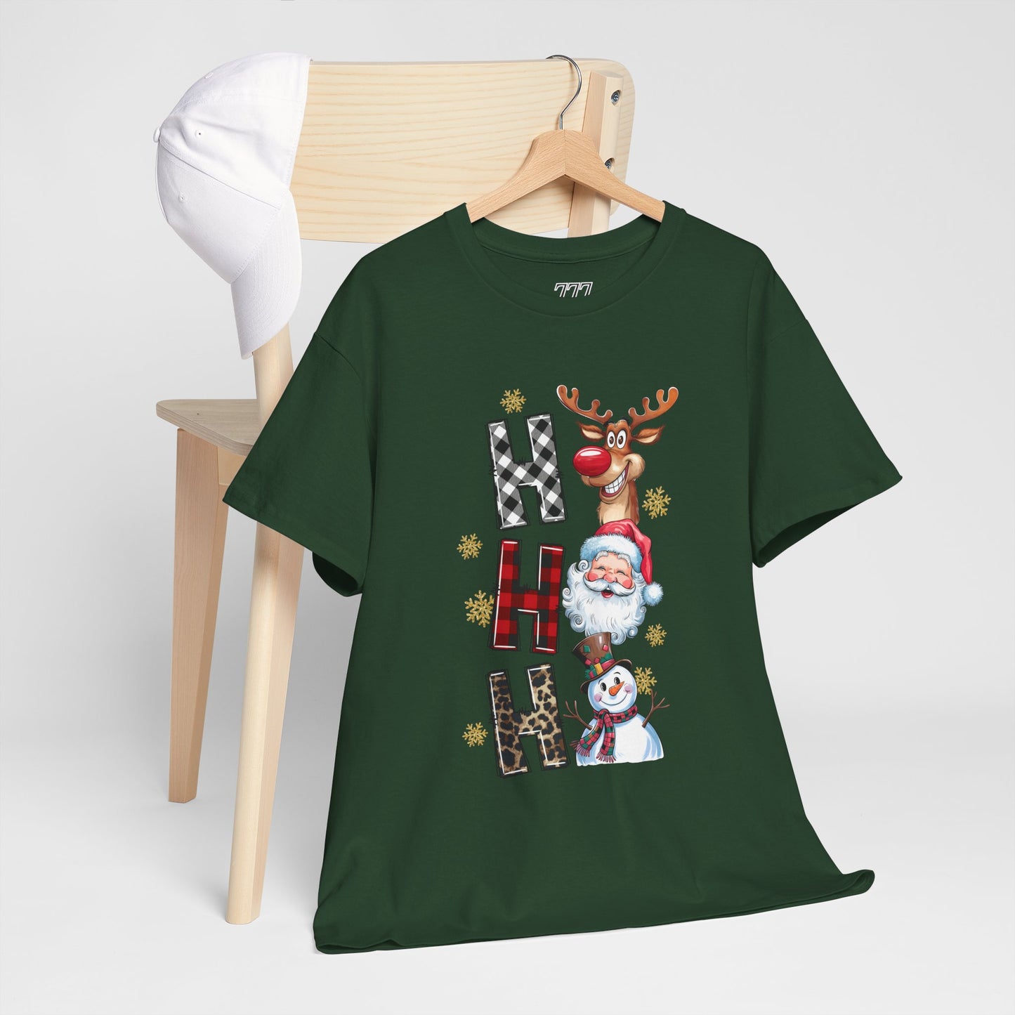 HO HO HO Christmas Unisex Heavy Cotton T-Shirt – Santa, Reindeer & Snowman Holiday Tee