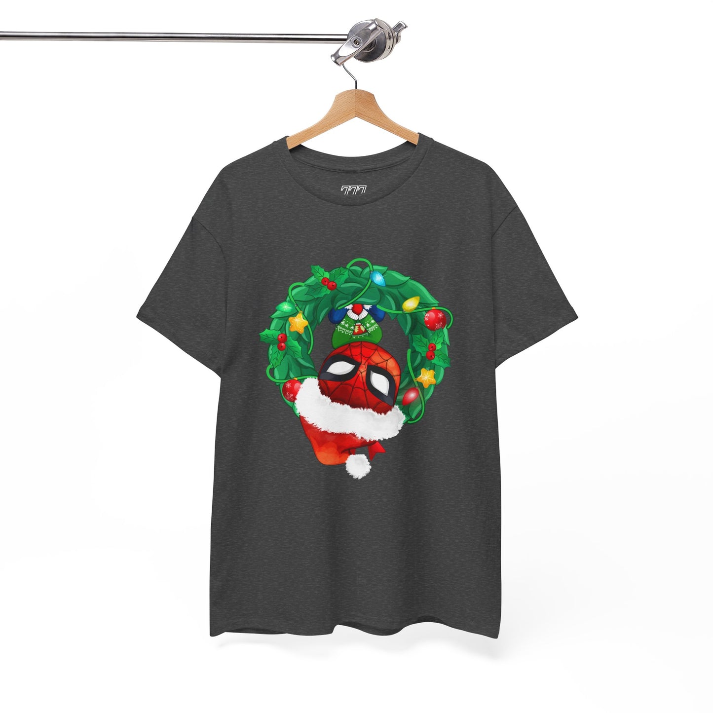 Spidey Wreath Christmas Tee – Superhero Holiday Lights Festive Unisex Heavy Cotton T-Shirt