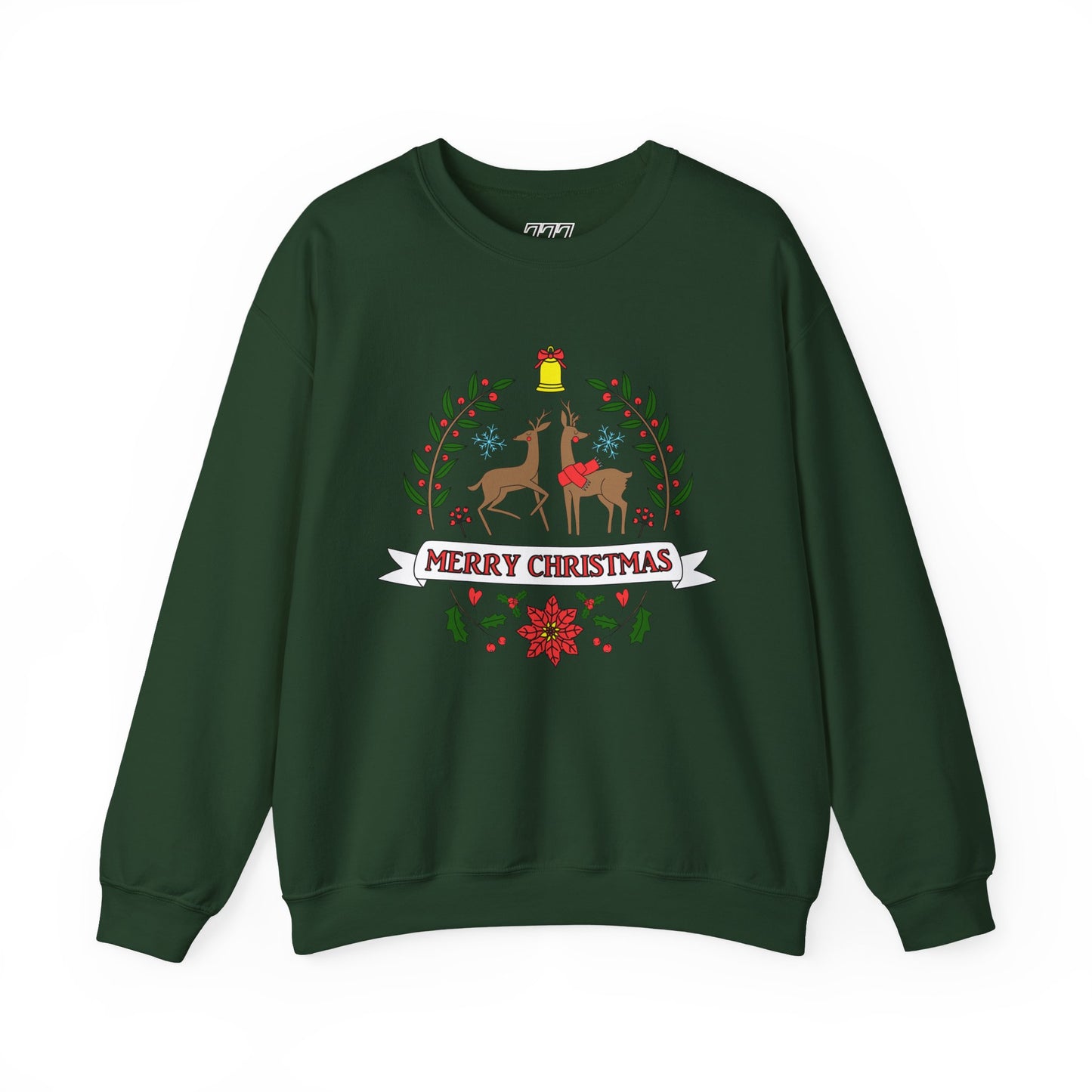 Merry Christmas Reindeer Crewneck – Classic Holiday Laurel & Poinsettia Sweatshirt (Unisex)