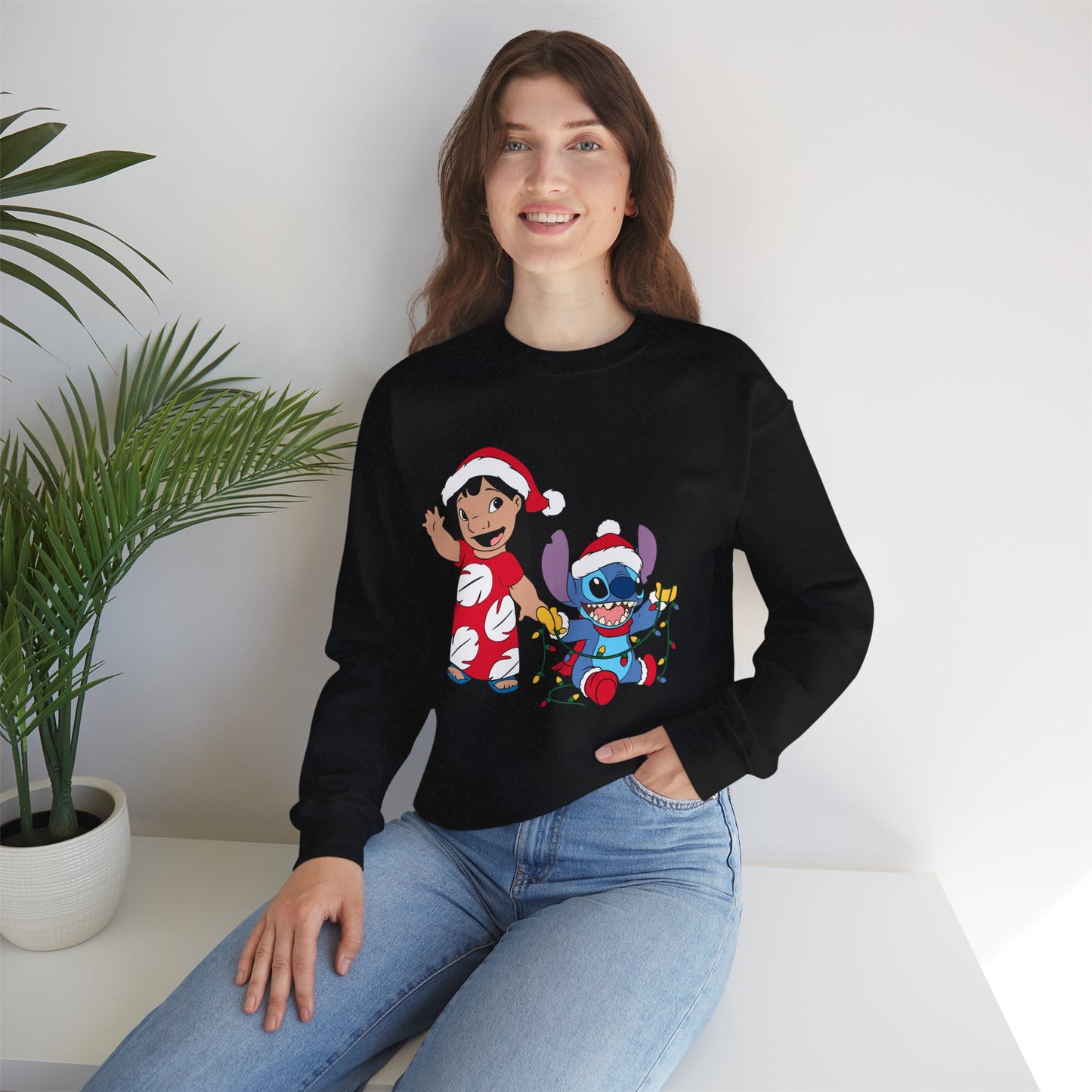 Island Holiday Duo Unisex Christmas Crewneck Sweatshirt – Festive Blue Alien & Girl Holiday Sweater