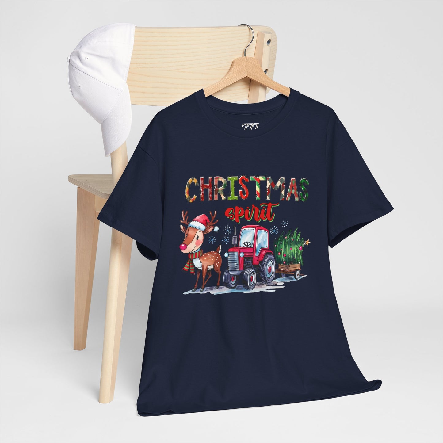 Christmas Spirit Unisex Heavy Cotton T-Shirt – Cute Reindeer & Red Tractor Holiday Tee