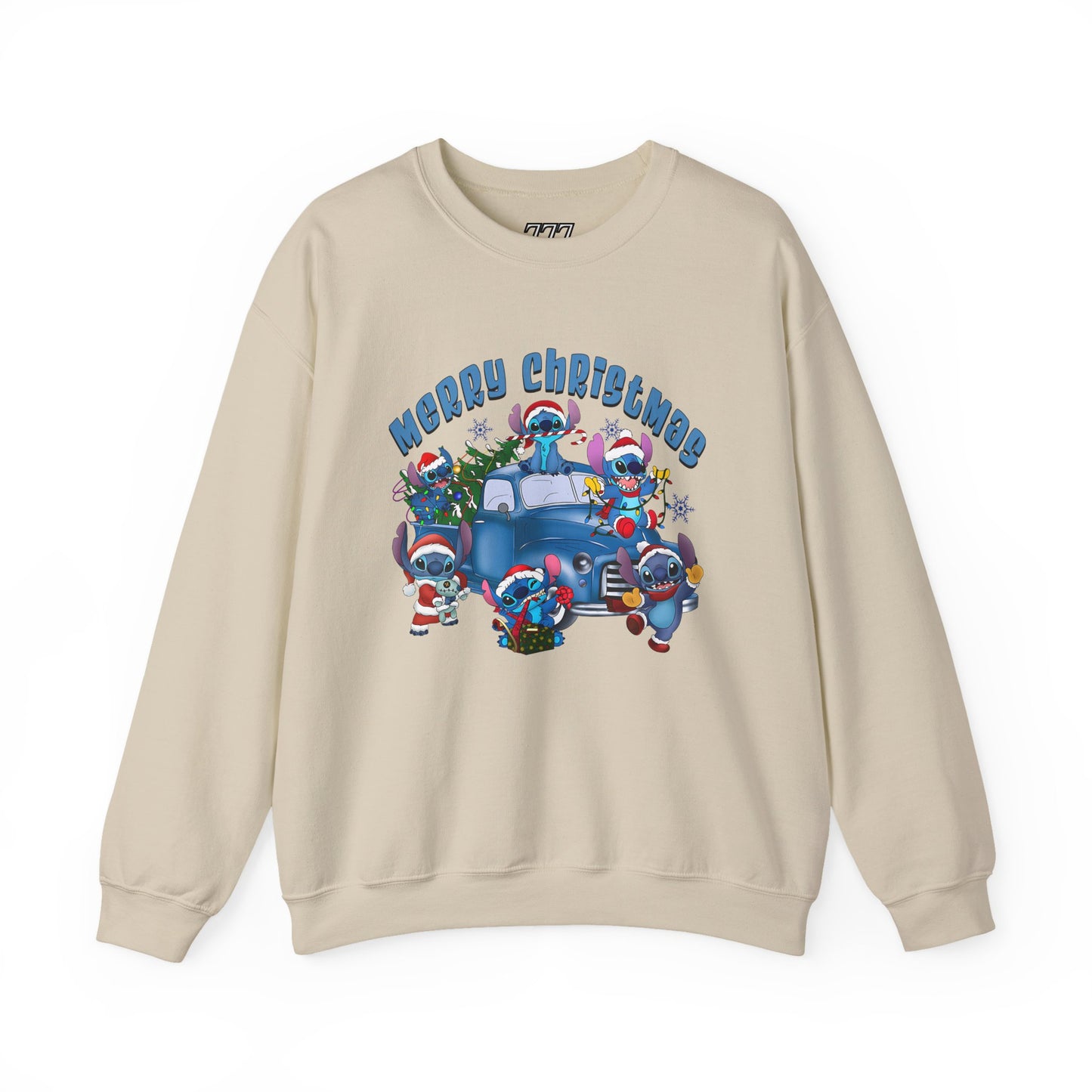 Merry Christmas Unisex Heavy Blend Crewneck Sweatshirt – Blue Christmas Truck & Cute Holiday Characters Sweater