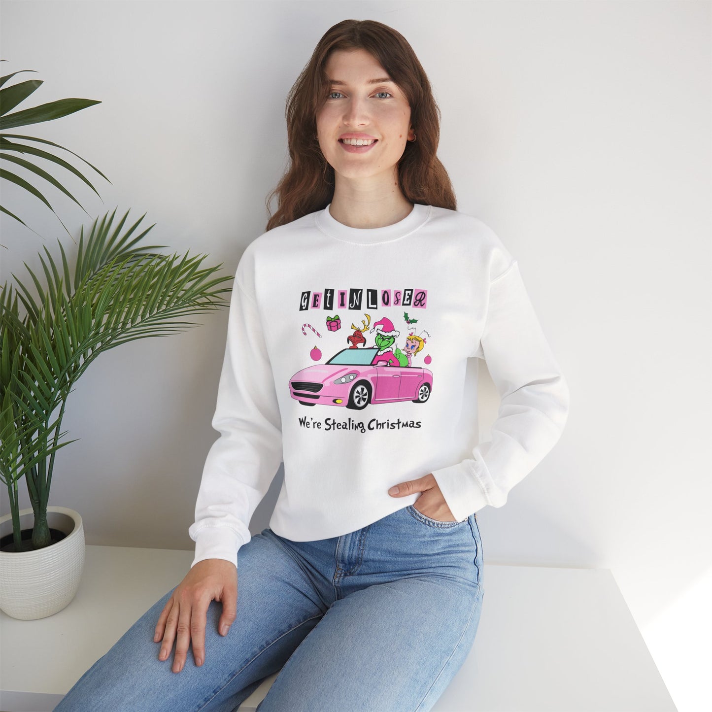 Get In Loser We’re Stealing Christmas Crewneck – Funny Green Holiday Creature Sweatshirt (Unisex)