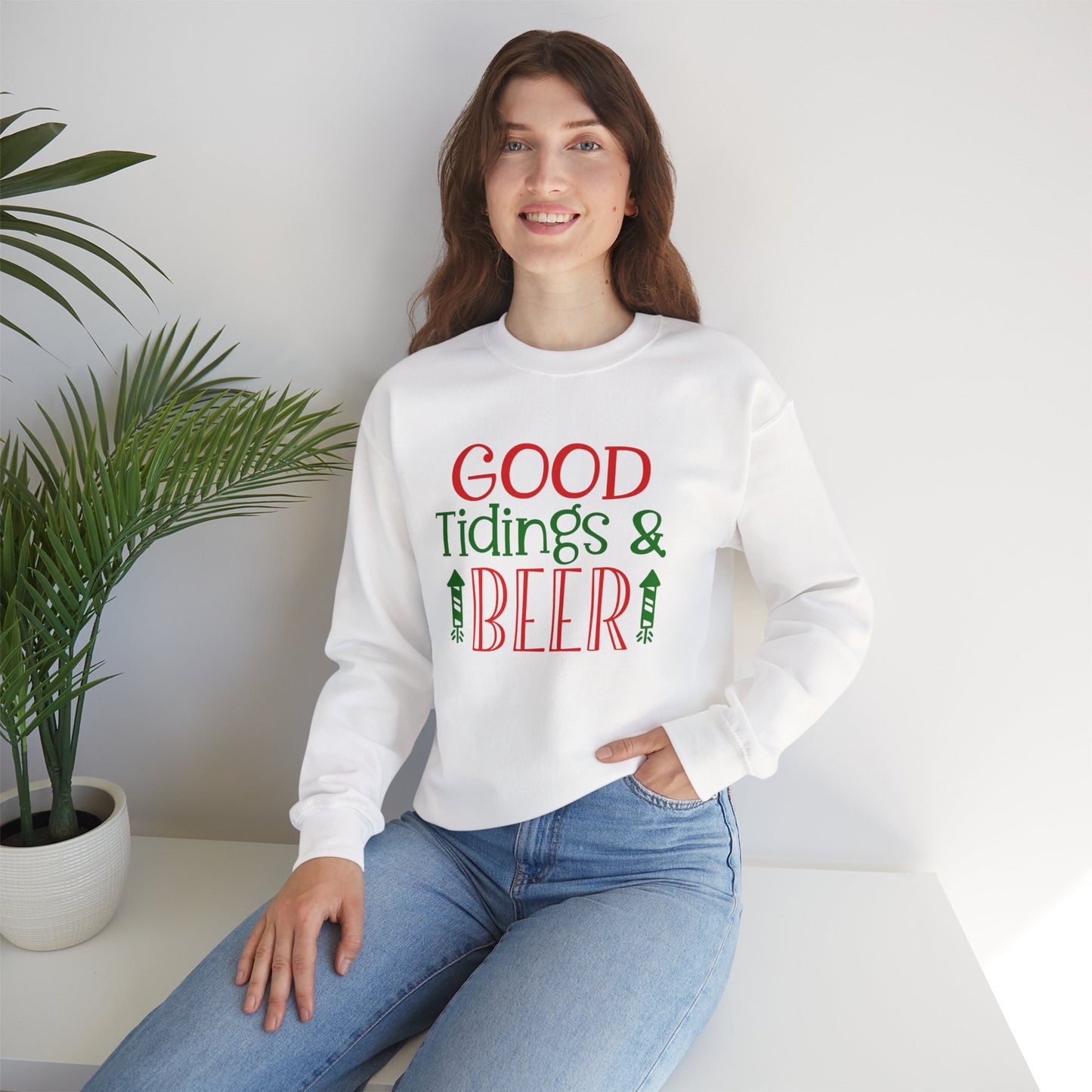 Good Tidings & Beer Sweatshirt – Funny Christmas Drinking Unisex Heavy Blend Crewneck