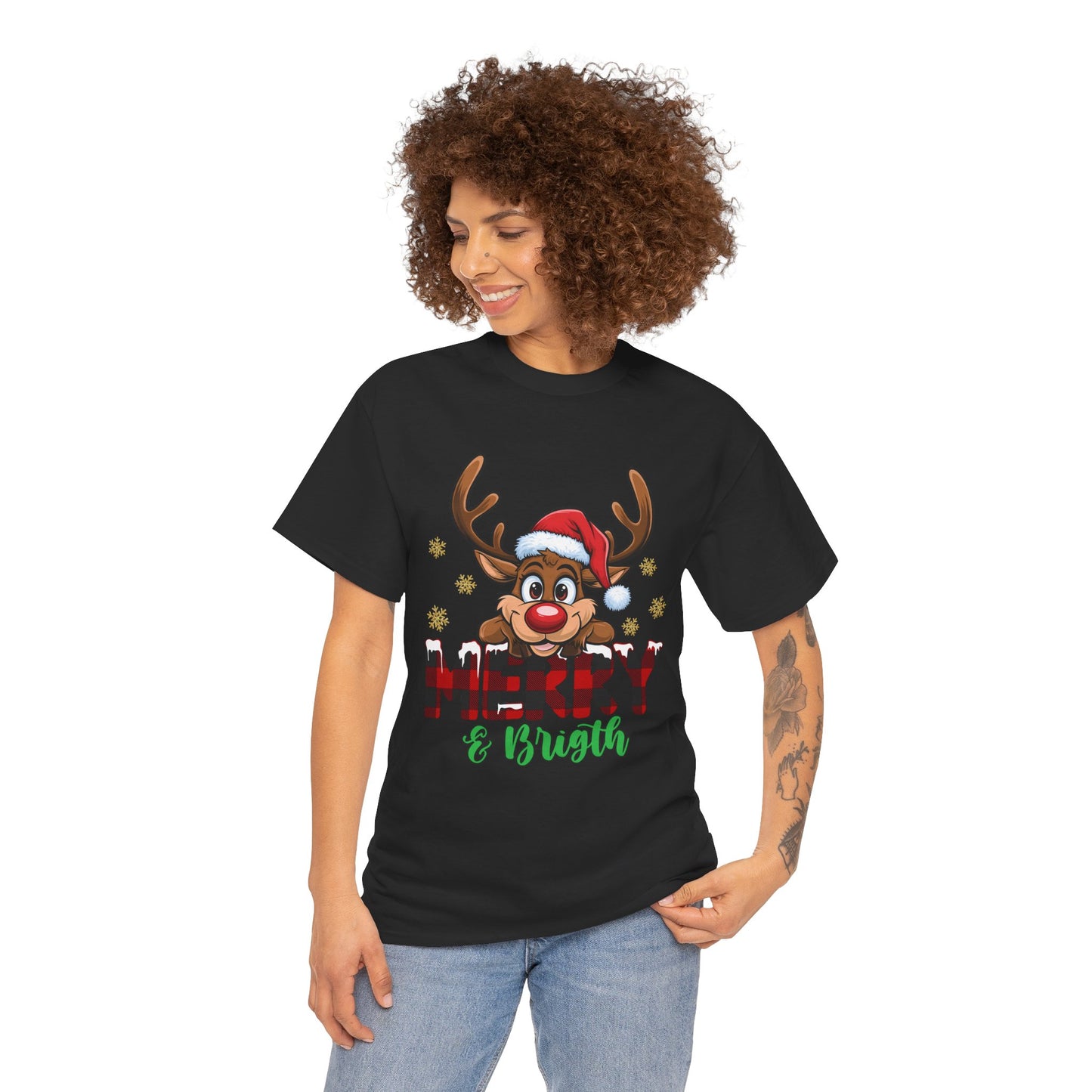 Merry & Bright Unisex Heavy Cotton T-Shirt – Cute Christmas Reindeer Holiday Tee
