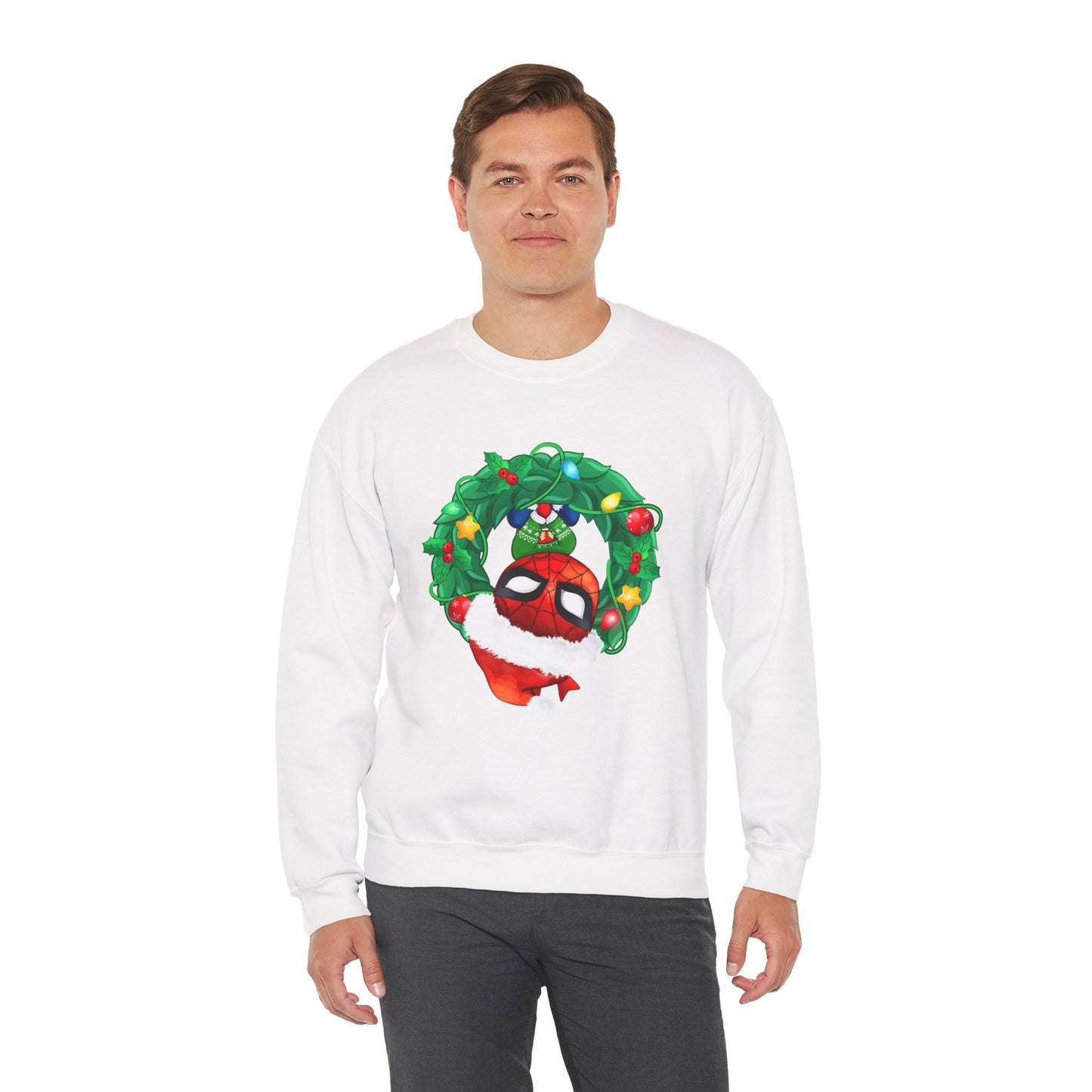 Spidey Wreath Christmas Sweatshirt – Superhero Holiday Lights Festive Unisex Heavy Blend Crewneck