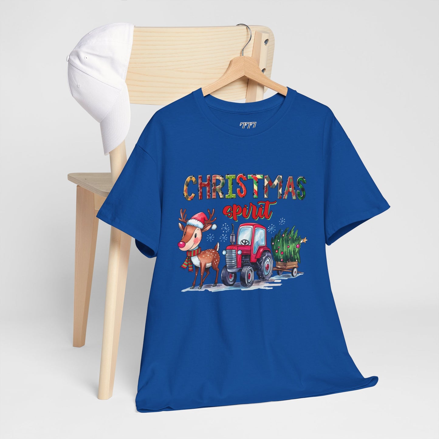 Christmas Spirit Unisex Heavy Cotton T-Shirt – Cute Reindeer & Red Tractor Holiday Tee