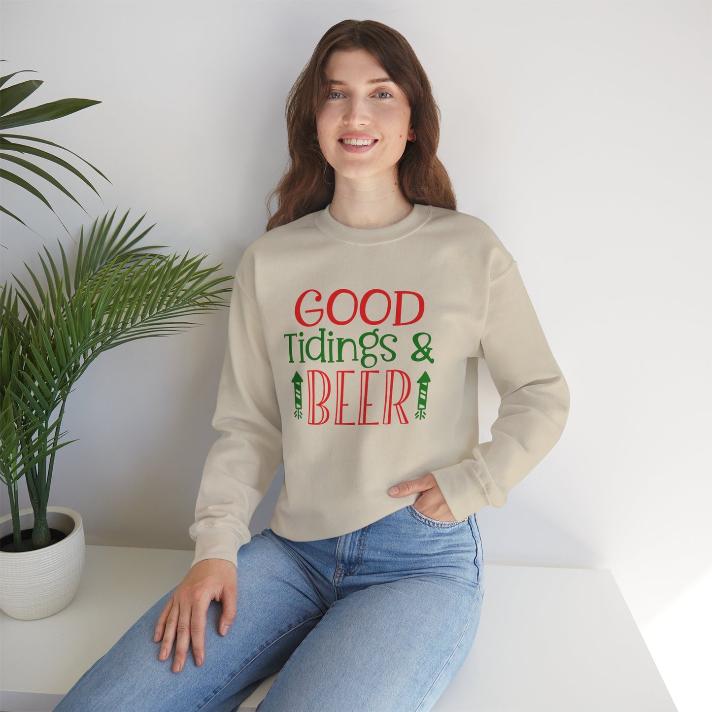 Good Tidings & Beer Sweatshirt – Funny Christmas Drinking Unisex Heavy Blend Crewneck