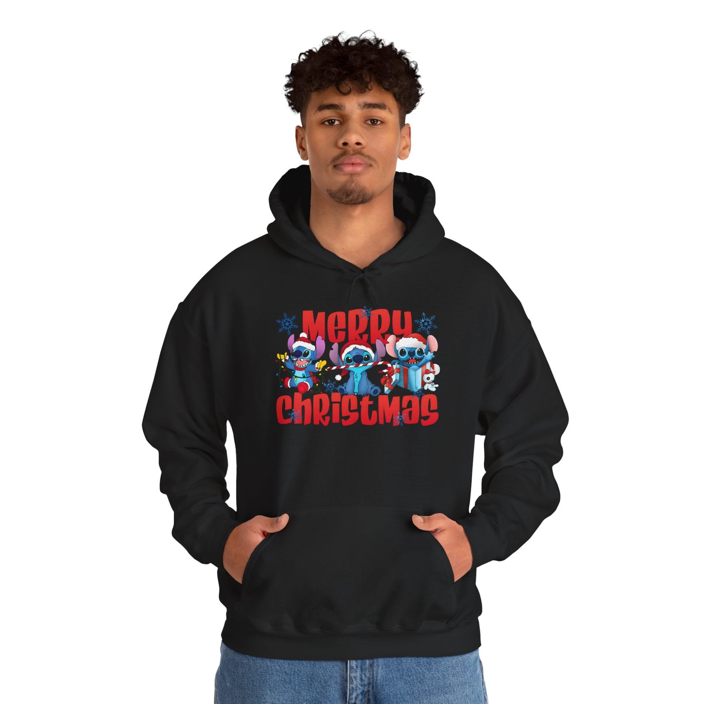 Merry Christmas Unisex Heavy Blend Hooded Sweatshirt – Cute Blue Holiday Characters Hoodie