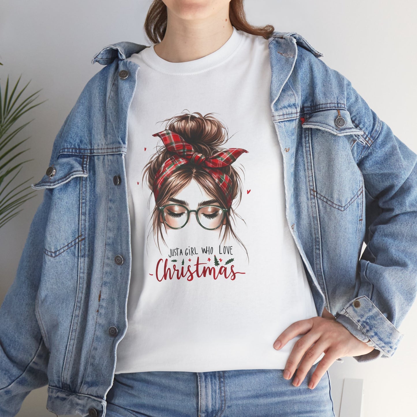 Just A Girl Who Loves Christmas Unisex Heavy Cotton T-Shirt – Plaid Bandana Holiday Girl Tee