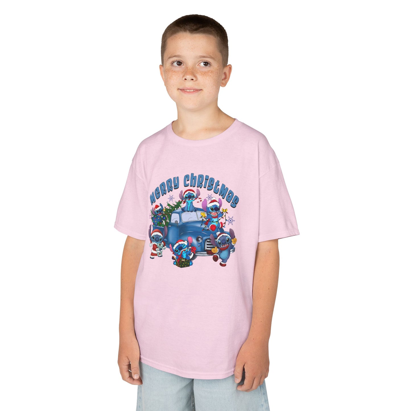 Merry Christmas Kids T-Shirt – Cute Blue Holiday Characters & Christmas Truck Tee