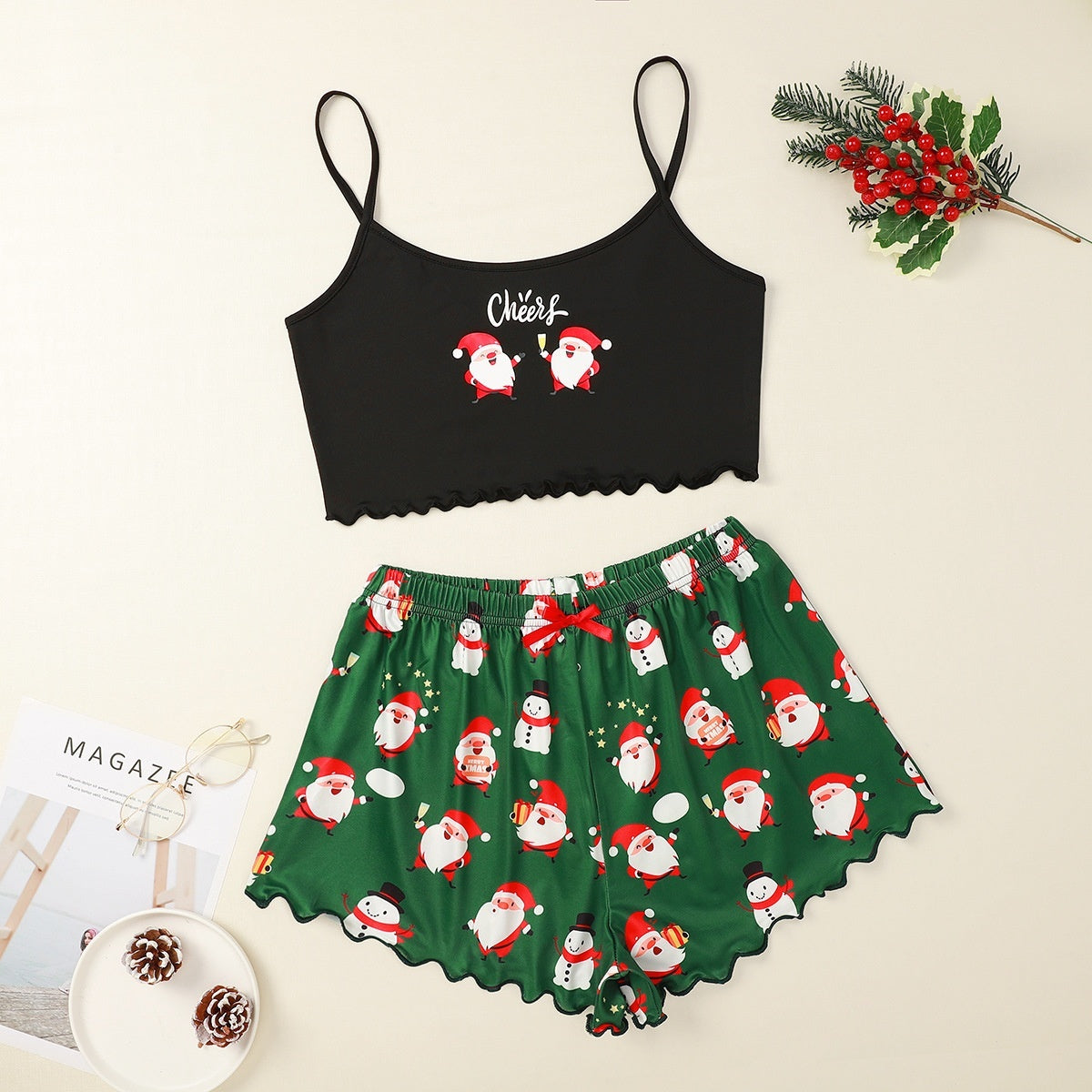 Women’s Christmas Two-Piece Pajama Set – Sleeveless Holiday Cami & Shorts Sleepwear
