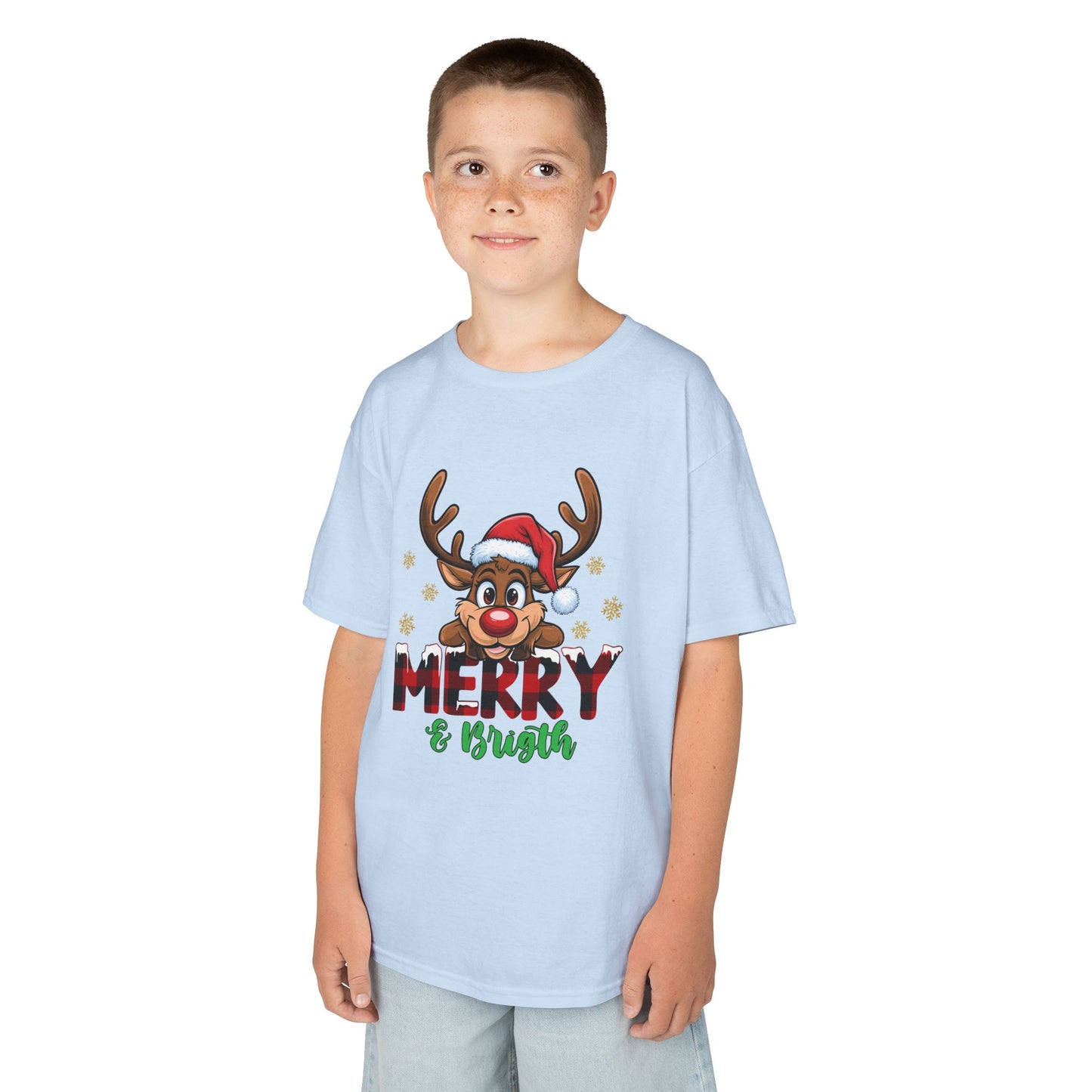 Merry & Bright Kids Christmas T-Shirt – Cute Reindeer Holiday Heavy Cotton Tee