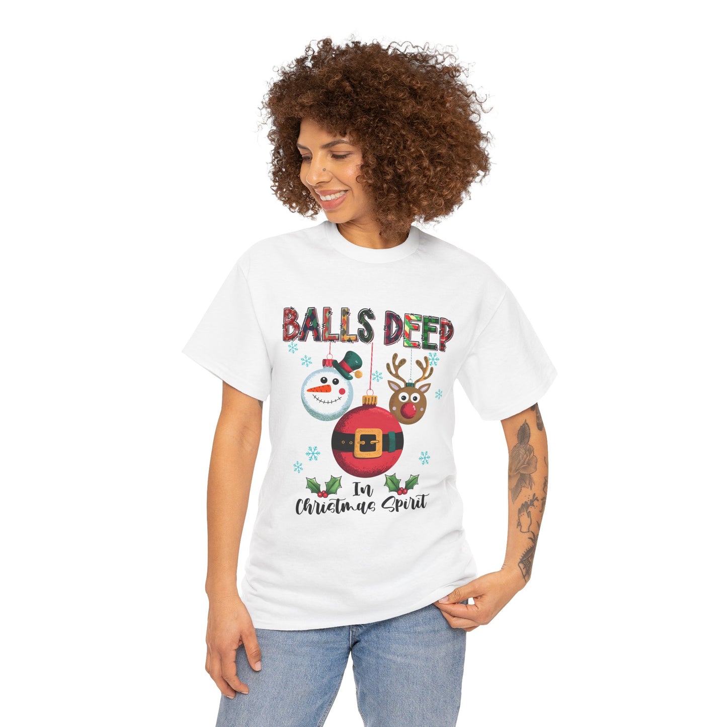 Balls Deep in Christmas Cheer Unisex Heavy Cotton T-Shirt – Funny Adult Holiday Snowman & Reindeer Tee
