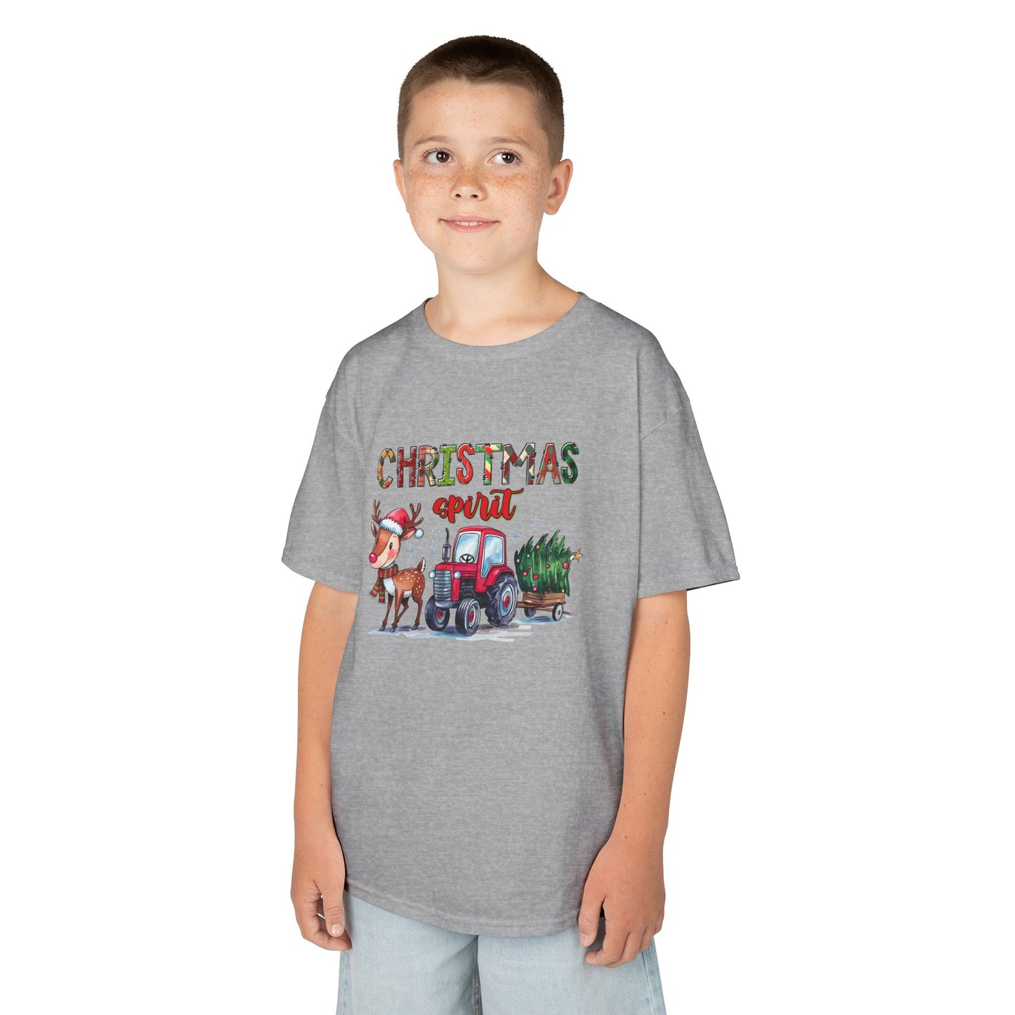 Christmas Spirit Kids T-Shirt – Cute Reindeer & Red Tractor Holiday Tee