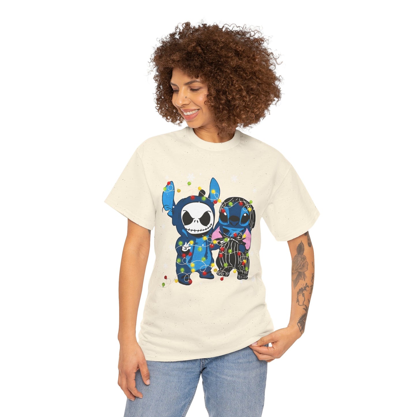 Cute Holiday Duo Christmas Unisex Heavy Cotton T-Shirt – Cartoon Alien & Skeleton Festive Tee