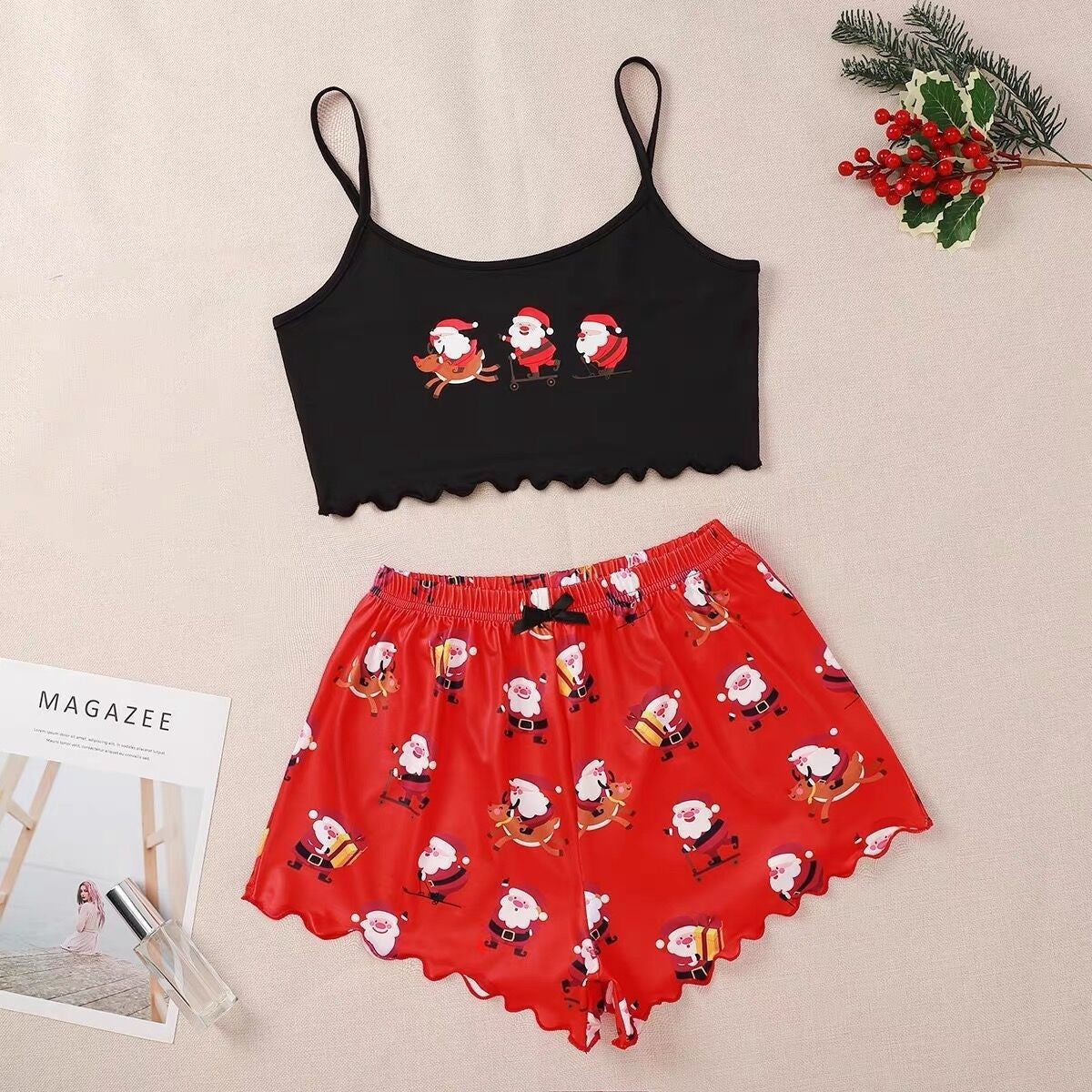 Women’s Christmas Two-Piece Pajama Set – Sleeveless Holiday Cami & Shorts Sleepwear