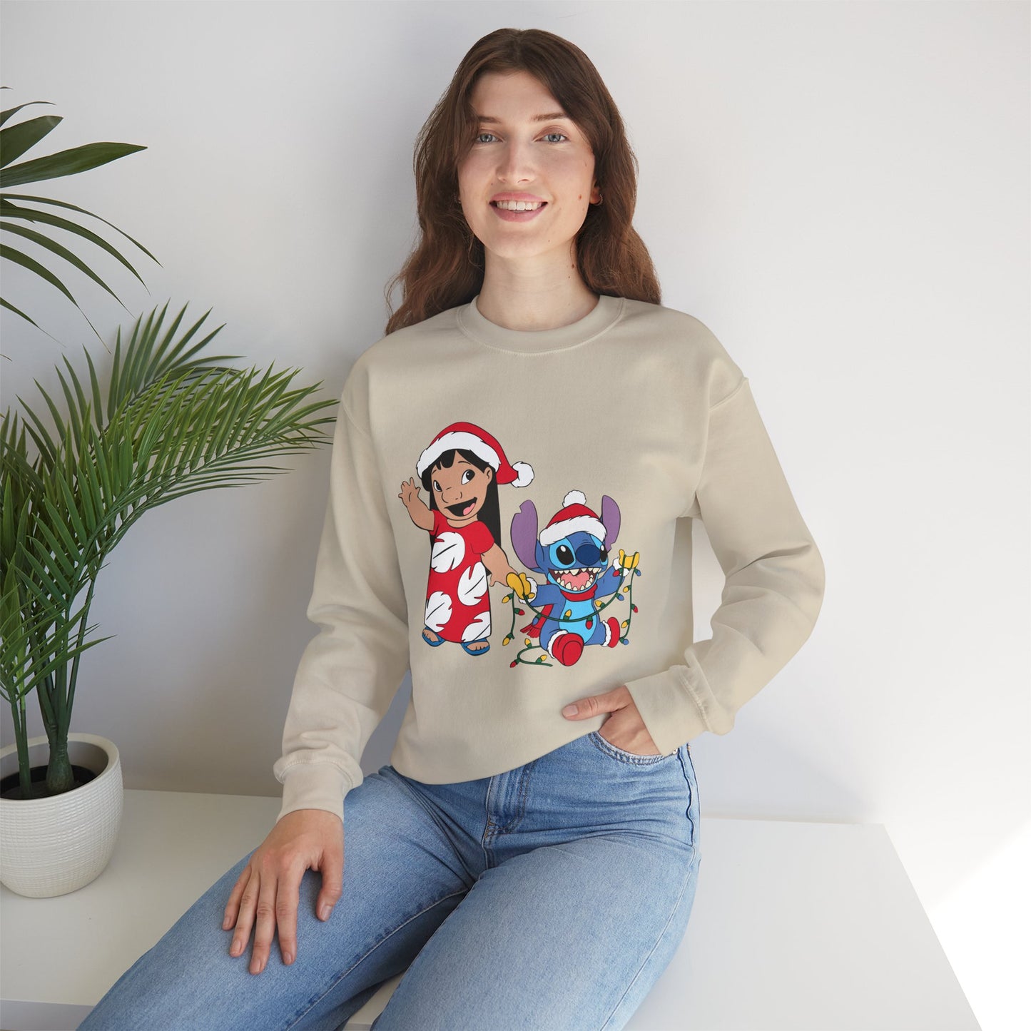 Island Holiday Duo Unisex Christmas Crewneck Sweatshirt – Festive Blue Alien & Girl Holiday Sweater