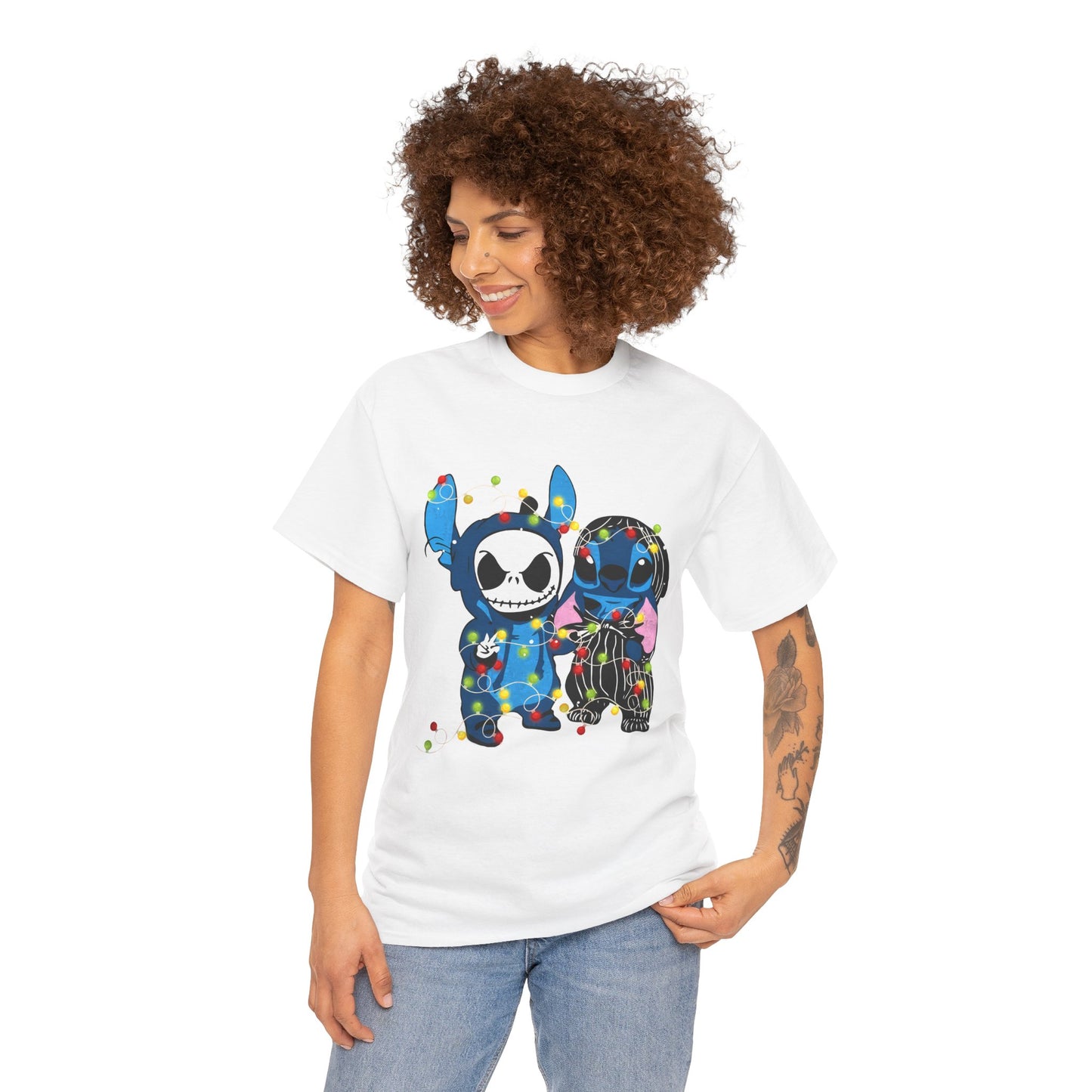 Cute Holiday Duo Christmas Unisex Heavy Cotton T-Shirt – Cartoon Alien & Skeleton Festive Tee