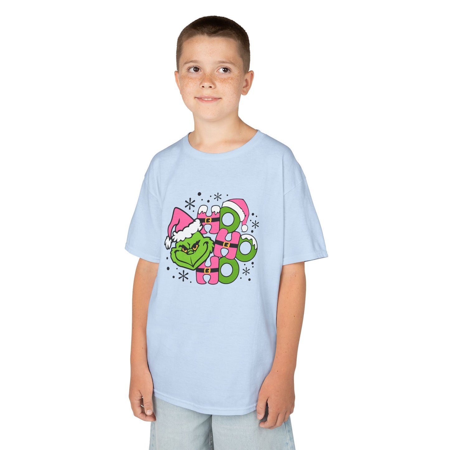 HO HO HO Cute Christmas Grinch-Inspired Kids Holiday T-Shirt – Pink Santa Festive Kids Heavy Cotton Tee