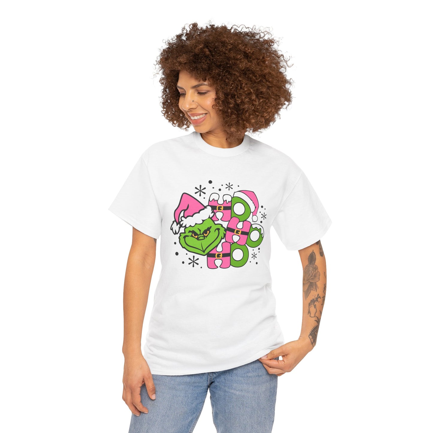 HO HO HO Funny Christmas Grinch-Inspired Holiday Tee – Cute Pink Santa Unisex Heavy Cotton T-Shirt