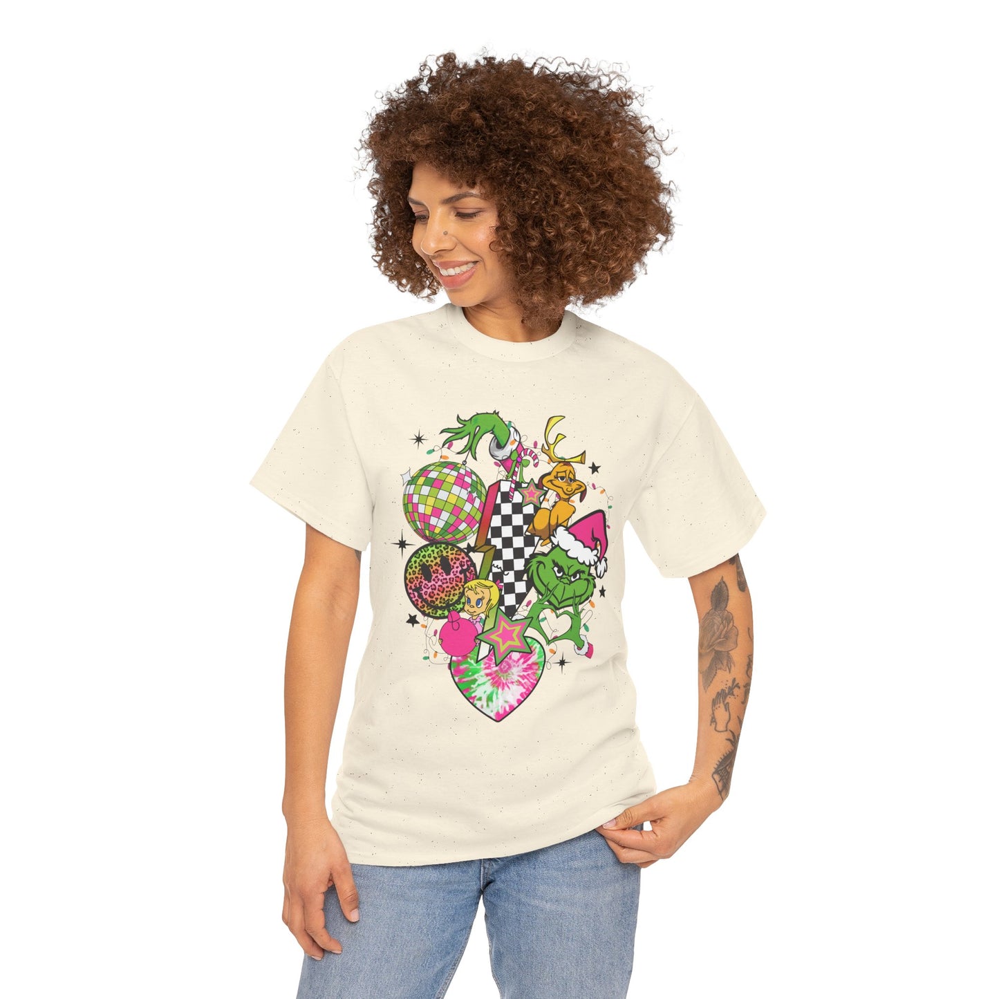 Grinchy Bell Christmas T-Shirt – Neon Holiday Hearts & Grumpy Green Vibes Tee (Unisex)