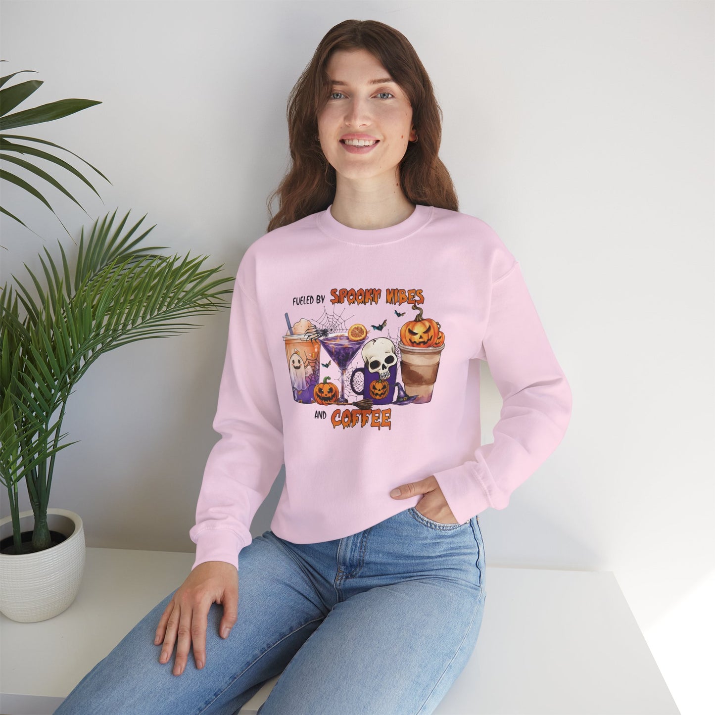 Fueled By Spooky Vibes And Coffee Unisex Heavy Blend Crewneck Sweatshirt