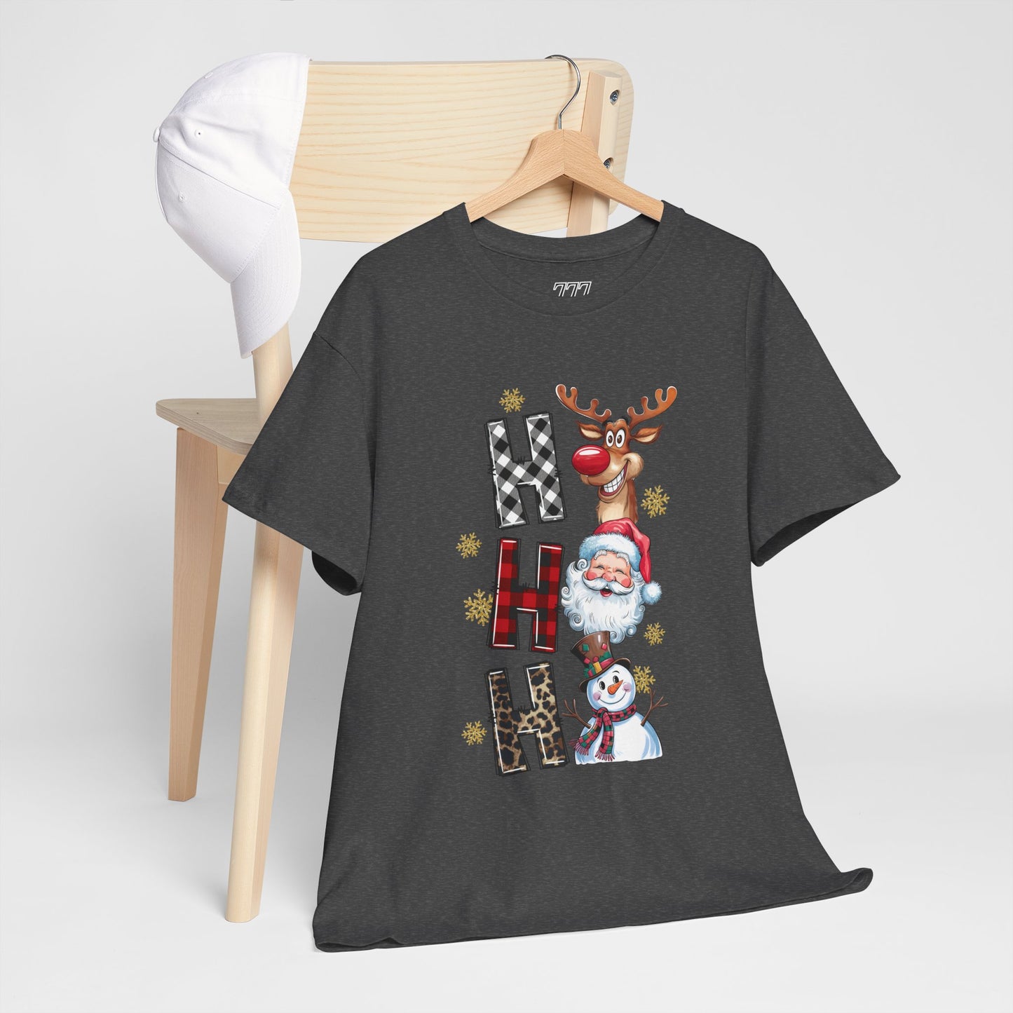 HO HO HO Christmas Unisex Heavy Cotton T-Shirt – Santa, Reindeer & Snowman Holiday Tee