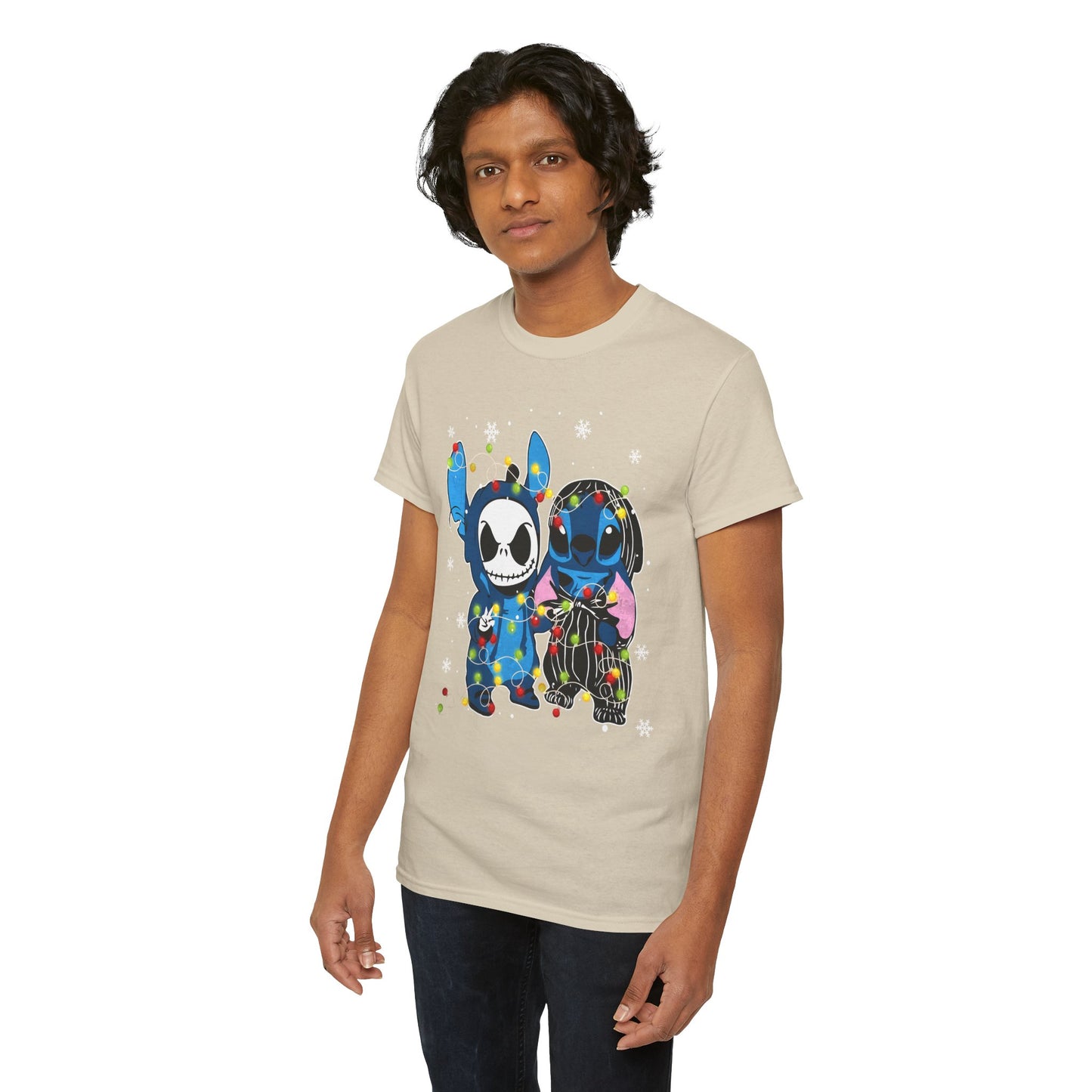 Cute Holiday Duo Christmas Unisex Heavy Cotton T-Shirt – Cartoon Alien & Skeleton Festive Tee