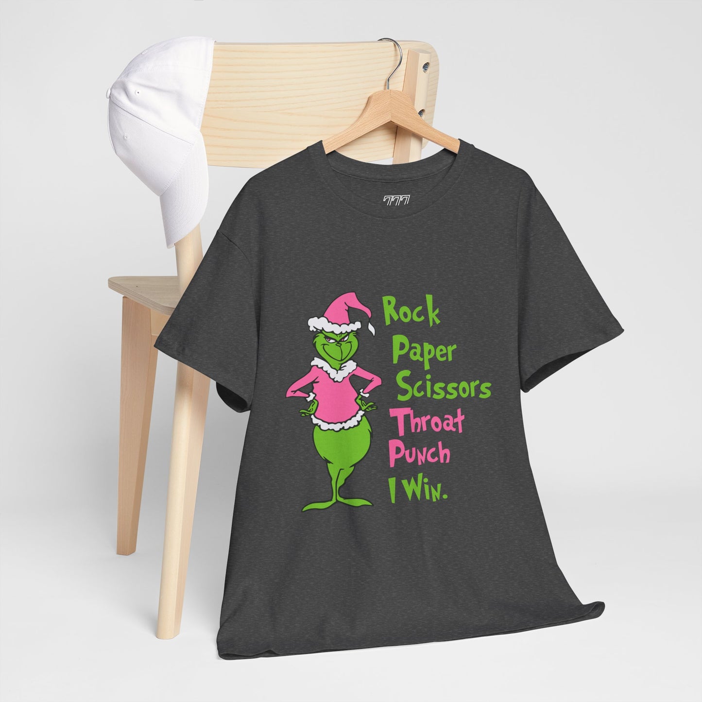 Rock Paper Scissors Throat Punch I Win Funny Christmas Grinch-Inspired Holiday Tee – Sarcastic Pink Santa Unisex Heavy Cotton T-Shirt
