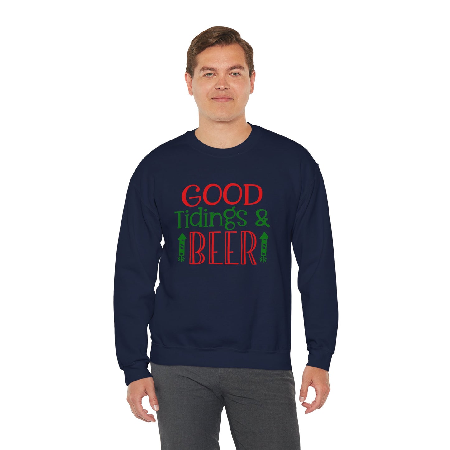 Good Tidings & Beer Sweatshirt – Funny Christmas Drinking Unisex Heavy Blend Crewneck