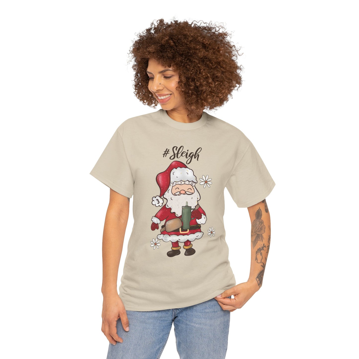 #Sleigh Funny Santa Christmas Tee – Cute Modern Holiday Hashtag Graphic Unisex Heavy Cotton T-Shirt