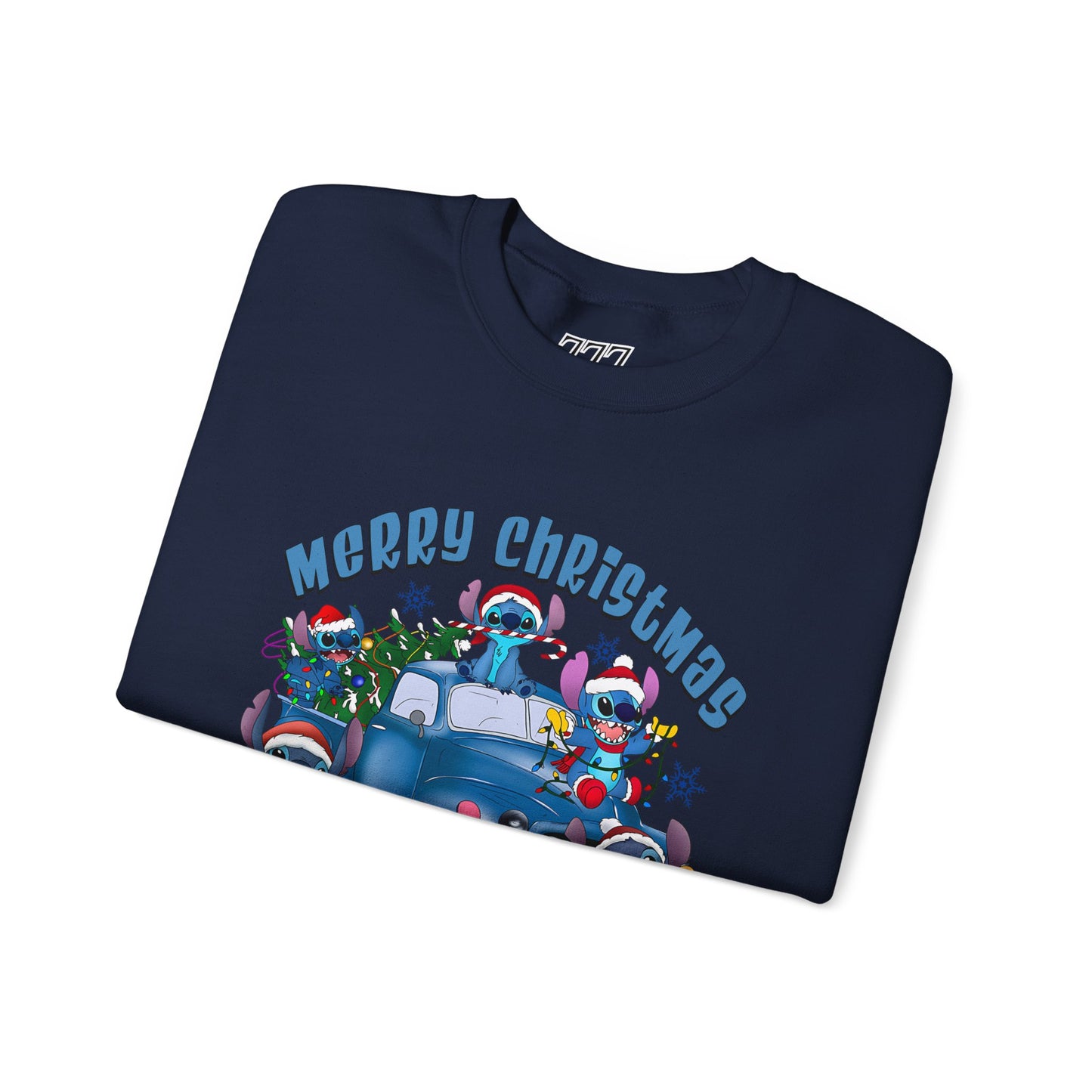 Merry Christmas Unisex Heavy Blend Crewneck Sweatshirt – Blue Christmas Truck & Cute Holiday Characters Sweater