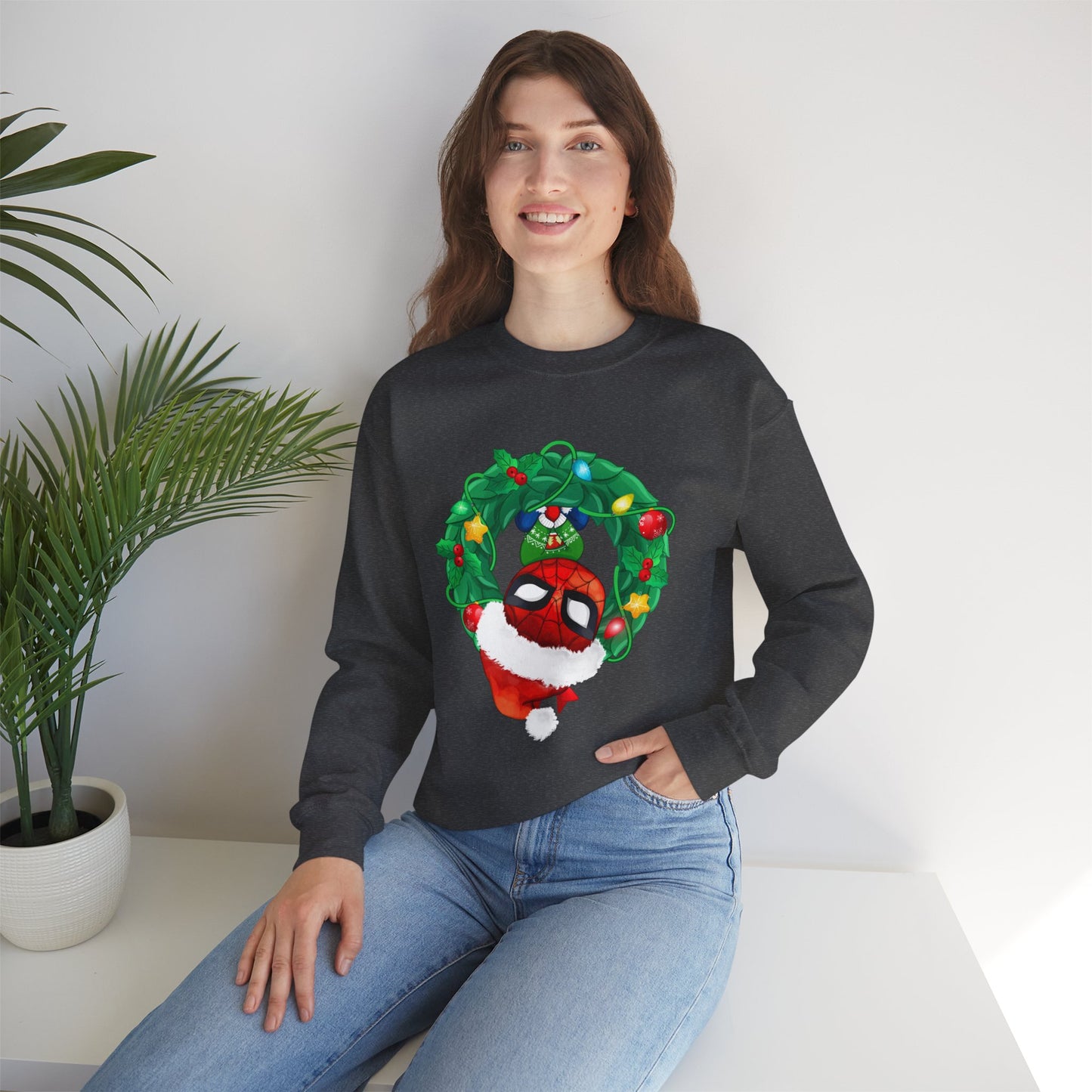 Spidey Wreath Christmas Sweatshirt – Superhero Holiday Lights Festive Unisex Heavy Blend Crewneck