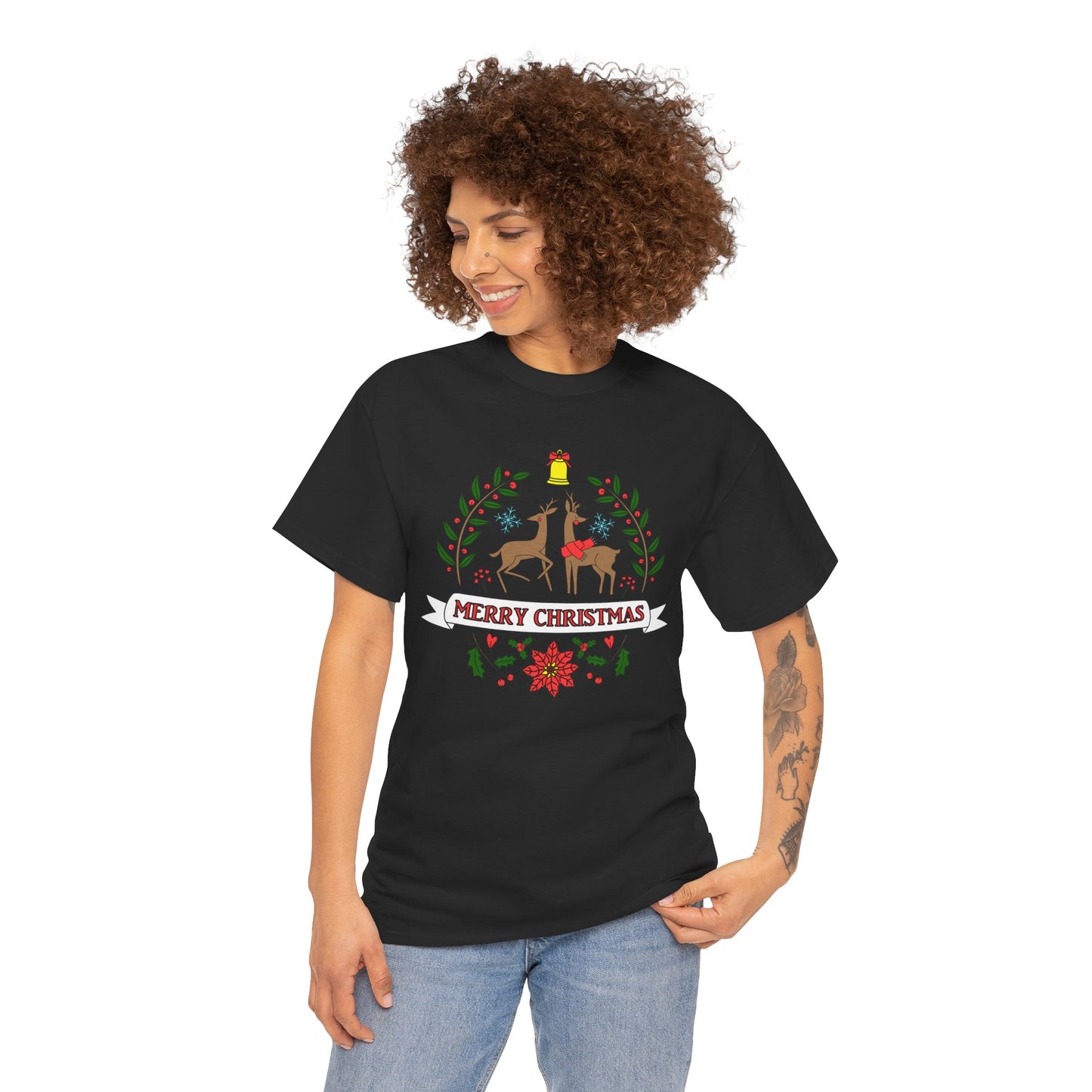 Merry Christmas Reindeer T-Shirt – Classic Holiday Laurel & Poinsettia Tee (Unisex)