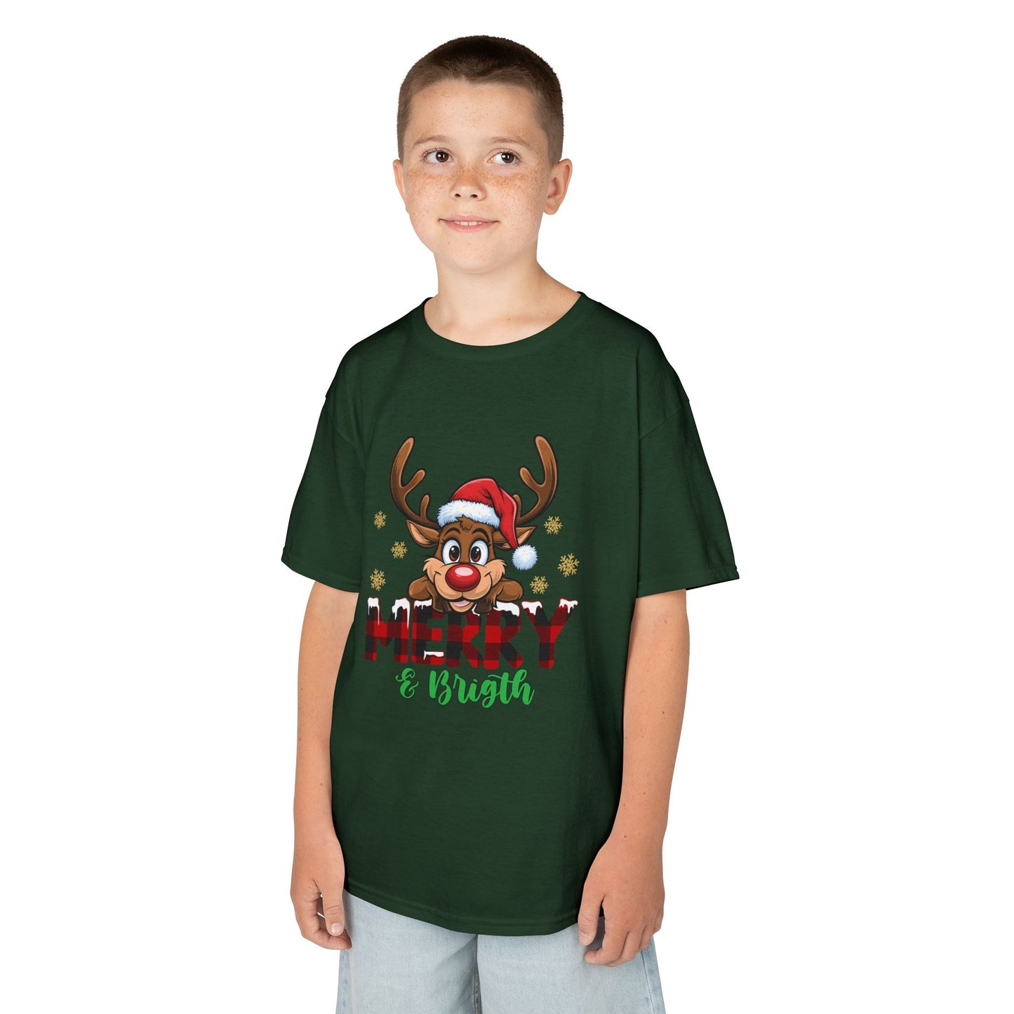 Merry & Bright Kids Christmas T-Shirt – Cute Reindeer Holiday Heavy Cotton Tee