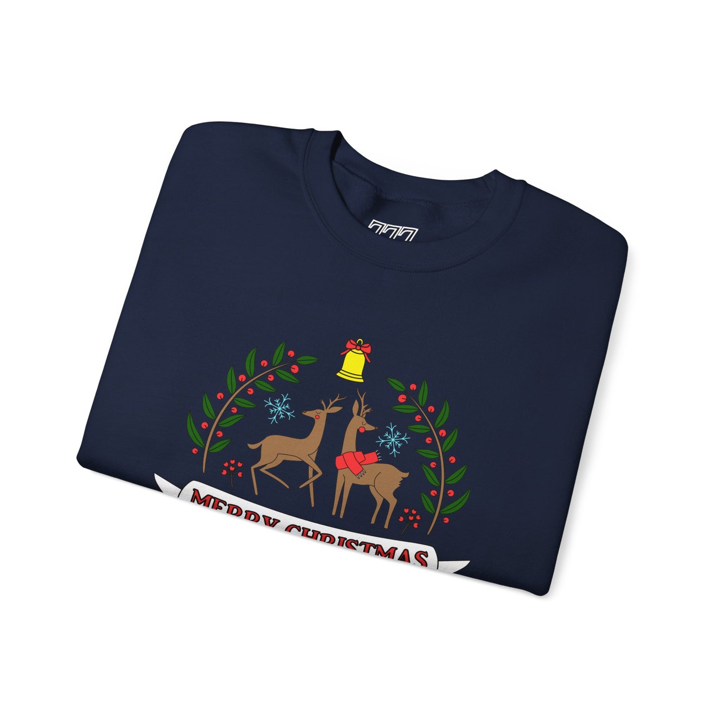 Merry Christmas Reindeer Crewneck – Classic Holiday Laurel & Poinsettia Sweatshirt (Unisex)