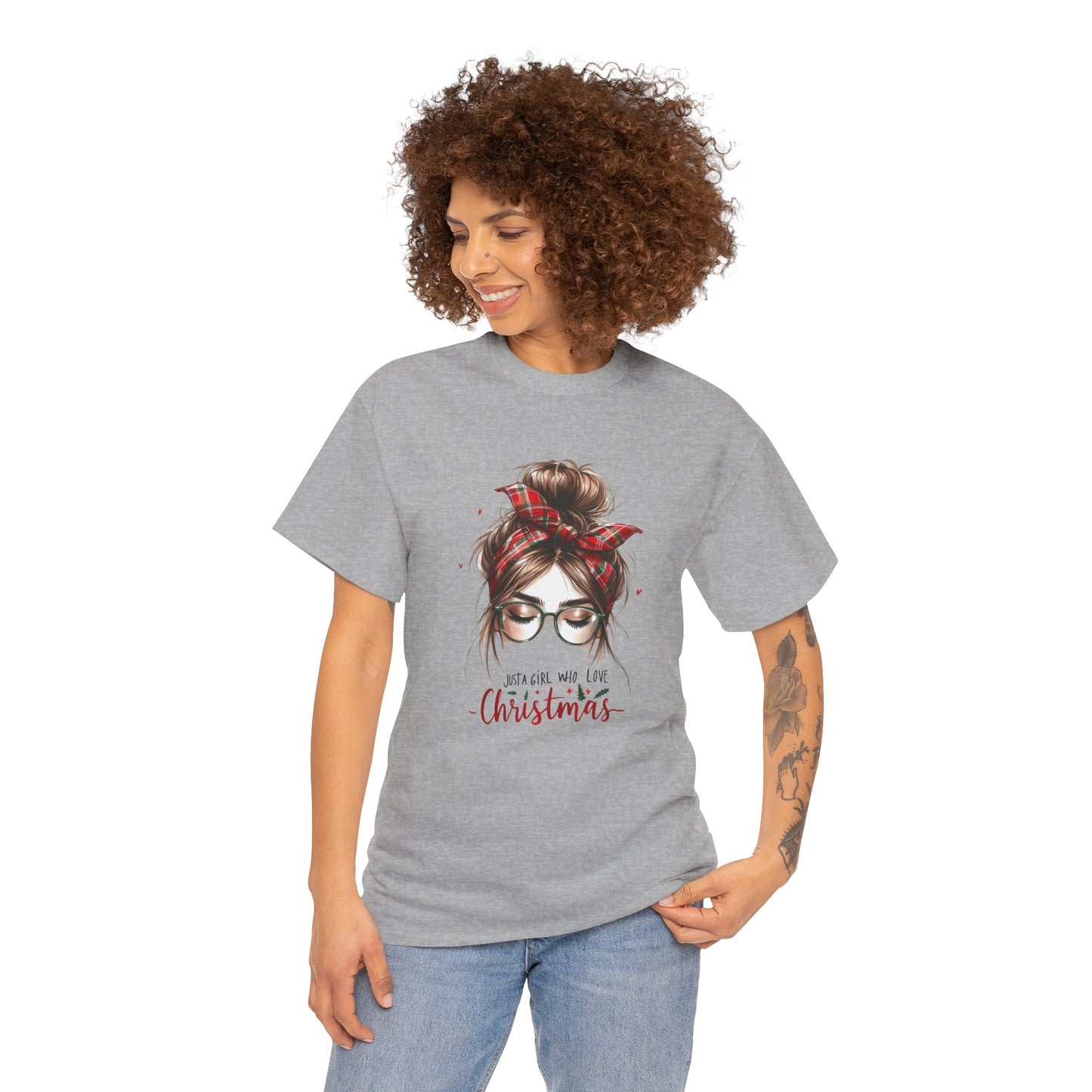Just A Girl Who Loves Christmas Unisex Heavy Cotton T-Shirt – Plaid Bandana Holiday Girl Tee