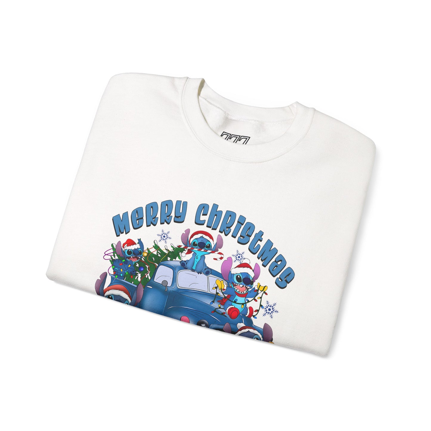 Merry Christmas Unisex Heavy Blend Crewneck Sweatshirt – Blue Christmas Truck & Cute Holiday Characters Sweater