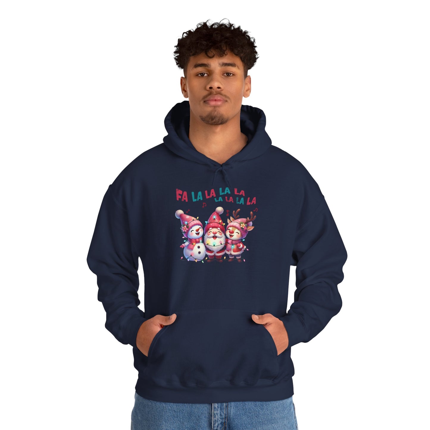 Festive Caroling Trio Christmas Hoodie – Cute Santa, Snowman & Reindeer Holiday Sweatshirt (Unisex)