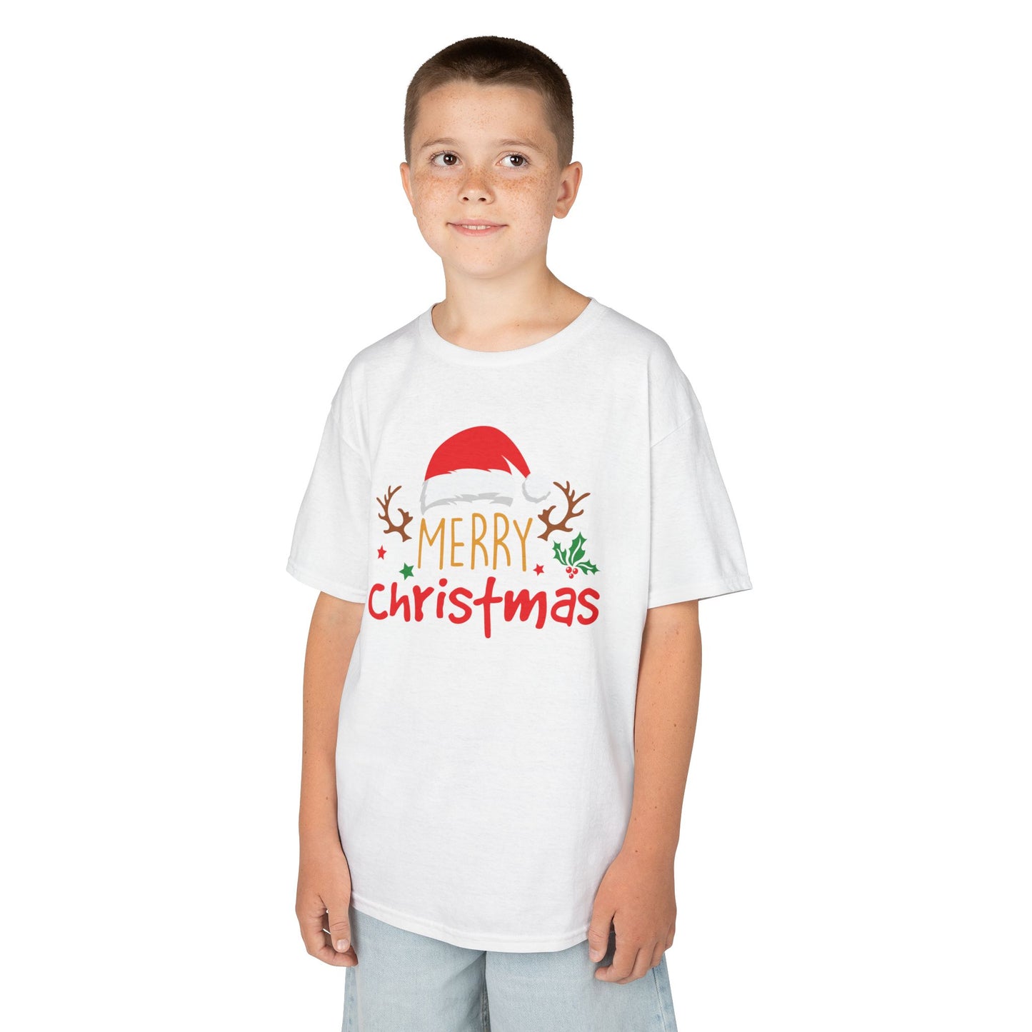 Merry Christmas Reindeer Kids T-Shirt – Cute Holiday Santa Hat Xmas Graphic Tee