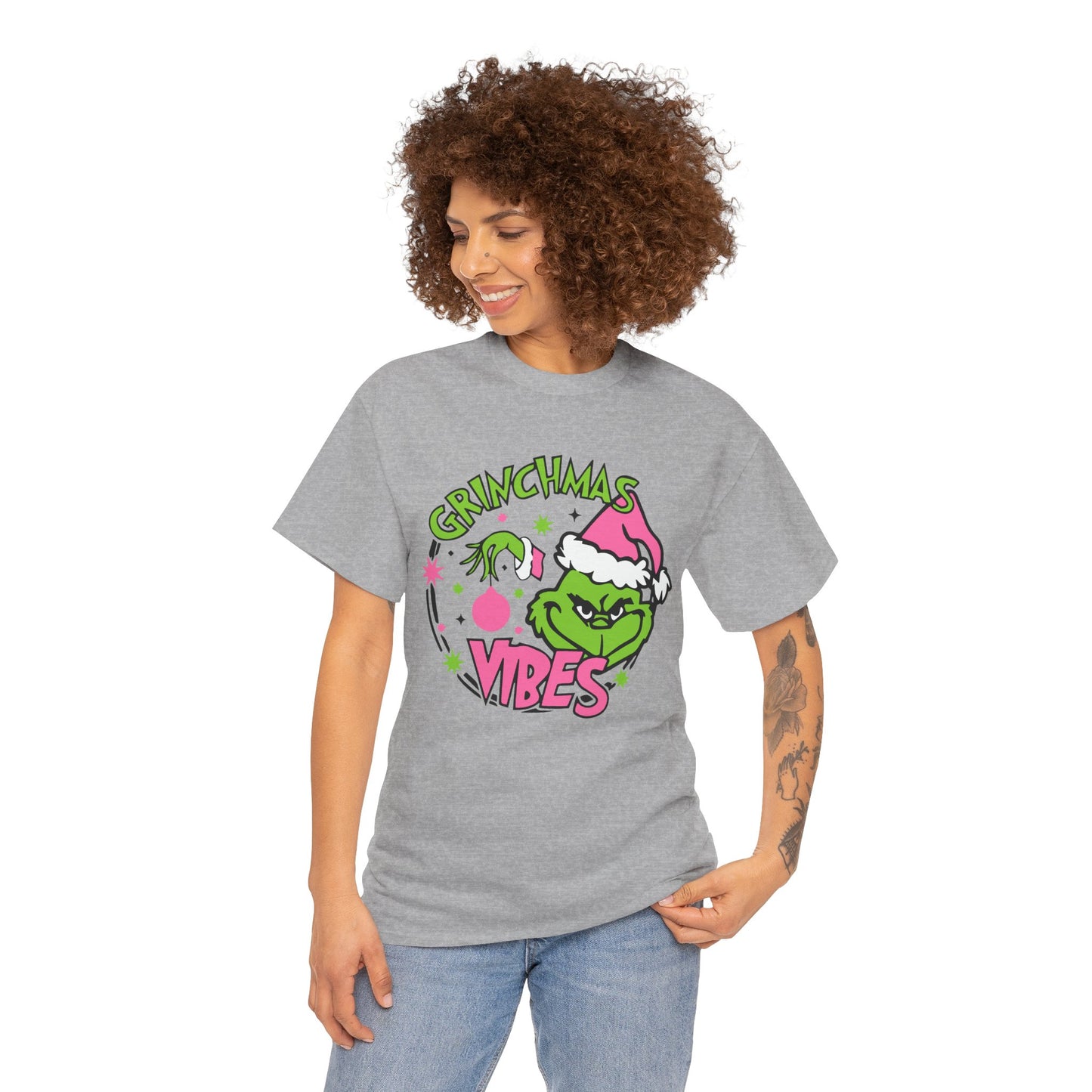 Grinchmas Vibes Funny Christmas Grinch-Inspired Holiday Tee – Pink Santa Festive Unisex Heavy Cotton T-Shirt