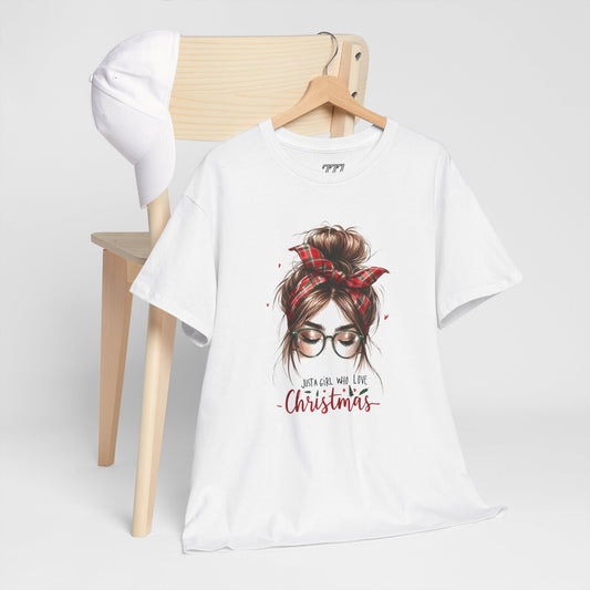 Just A Girl Who Loves Christmas Unisex Heavy Cotton T-Shirt – Plaid Bandana Holiday Girl Tee