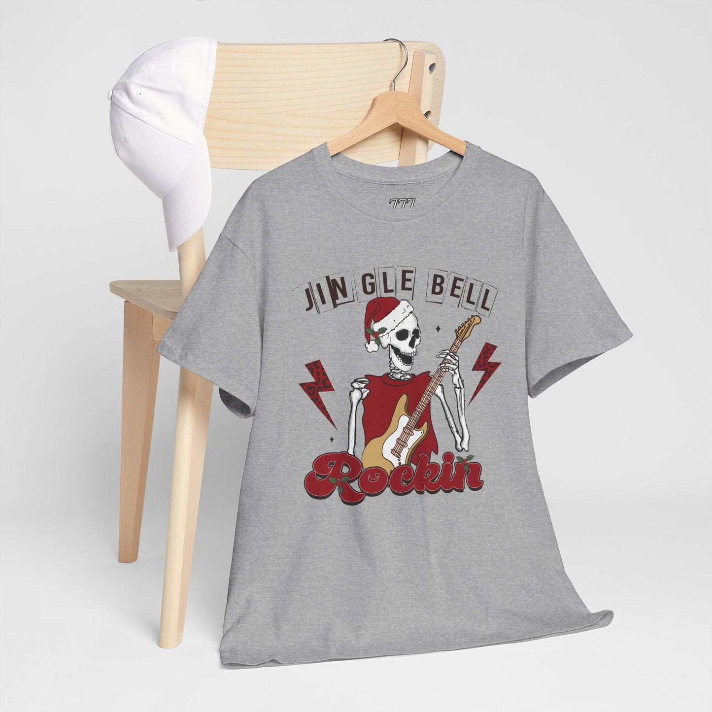 Jingle Bell Rockin’ Skeleton Christmas Rock Music Holiday Tee – Retro Guitar Santa Unisex Heavy Cotton T-Shirt