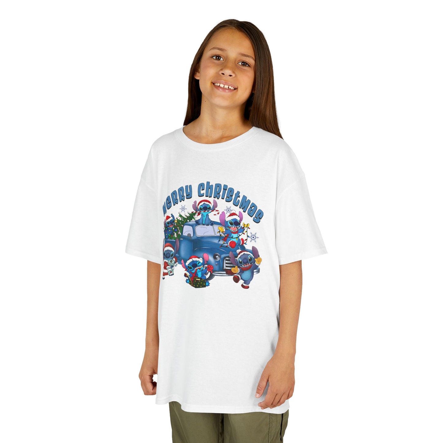 Merry Christmas Kids T-Shirt – Cute Blue Holiday Characters & Christmas Truck Tee