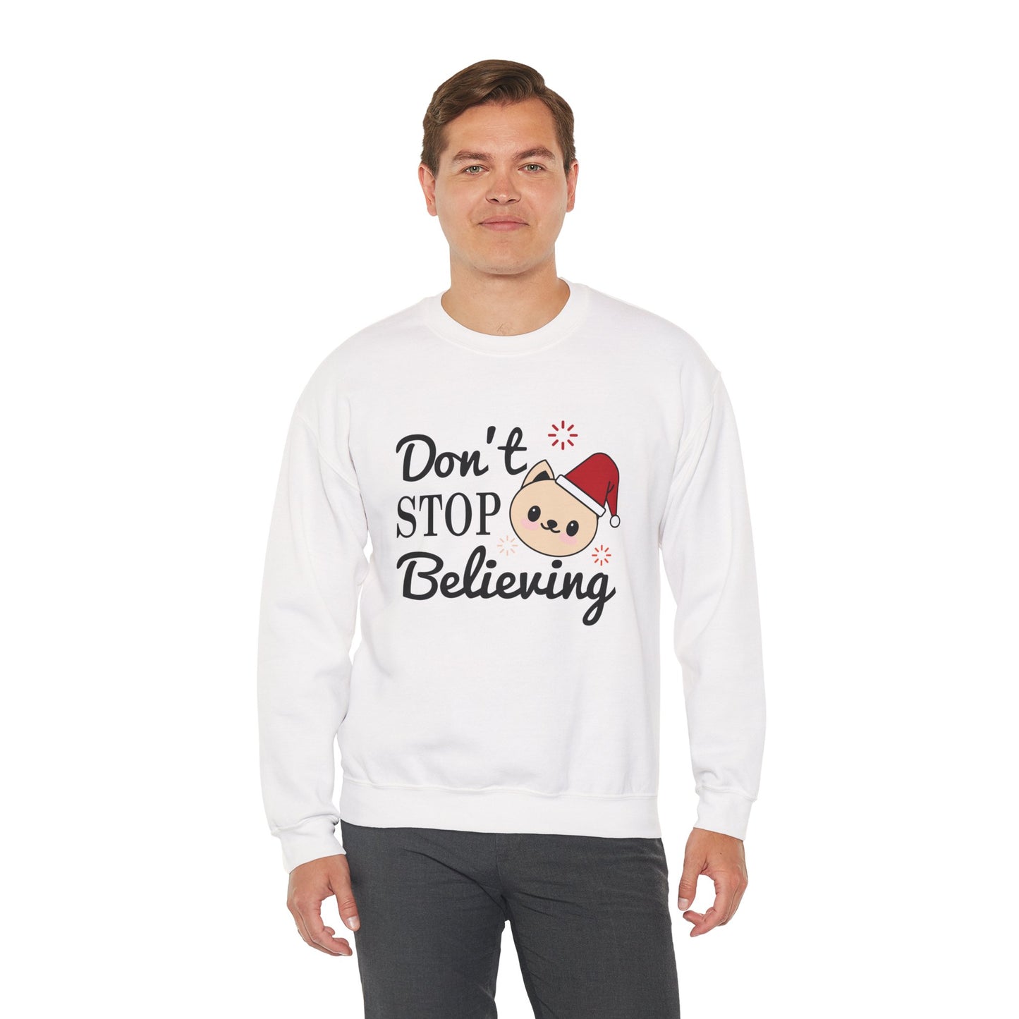 Don’t Stop Believing Christmas Crewneck – Cute Santa Cat Holiday Sweatshirt (Unisex)