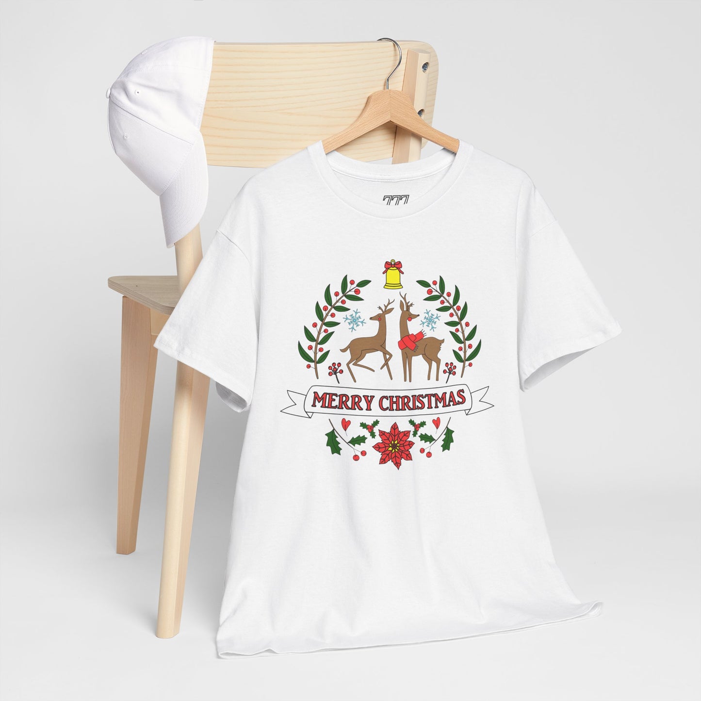 Merry Christmas Reindeer T-Shirt – Classic Holiday Laurel & Poinsettia Tee (Unisex)