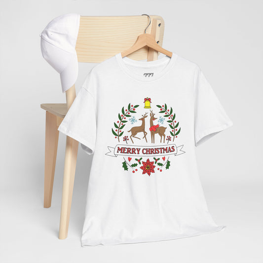 Merry Christmas Reindeer T-Shirt – Classic Holiday Laurel & Poinsettia Tee (Unisex)