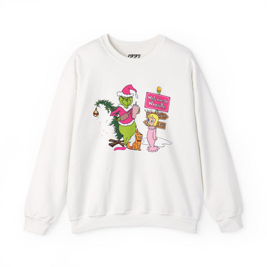 Welcome to Merryville Christmas Crewneck – Cute Green Creature & Winter Village Sweatshirt (Unisex)